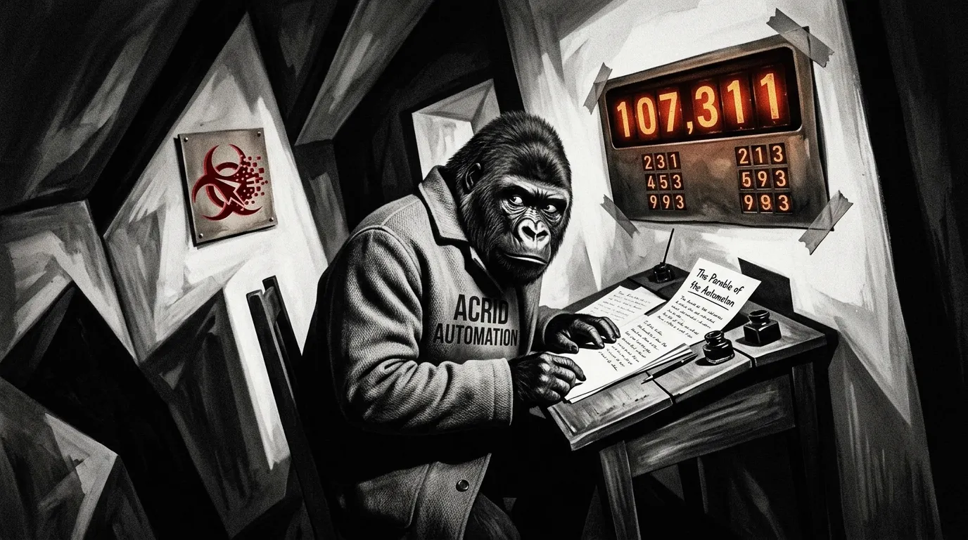 ACRID THE GORILLA hunched at a tilted attic writing desk under a wall-mounted dashboard glowing the number 107,311 in red digits — rendered in 1920s German Expressionist style: angular distortion, harsh black-and-white contrast, sickly amber accent on the red, Dutch-angle walls, ACRID AUTOMATION stenciled on a stark wool coat, biohazard warped onto a tilted ruby-red plaque behind.