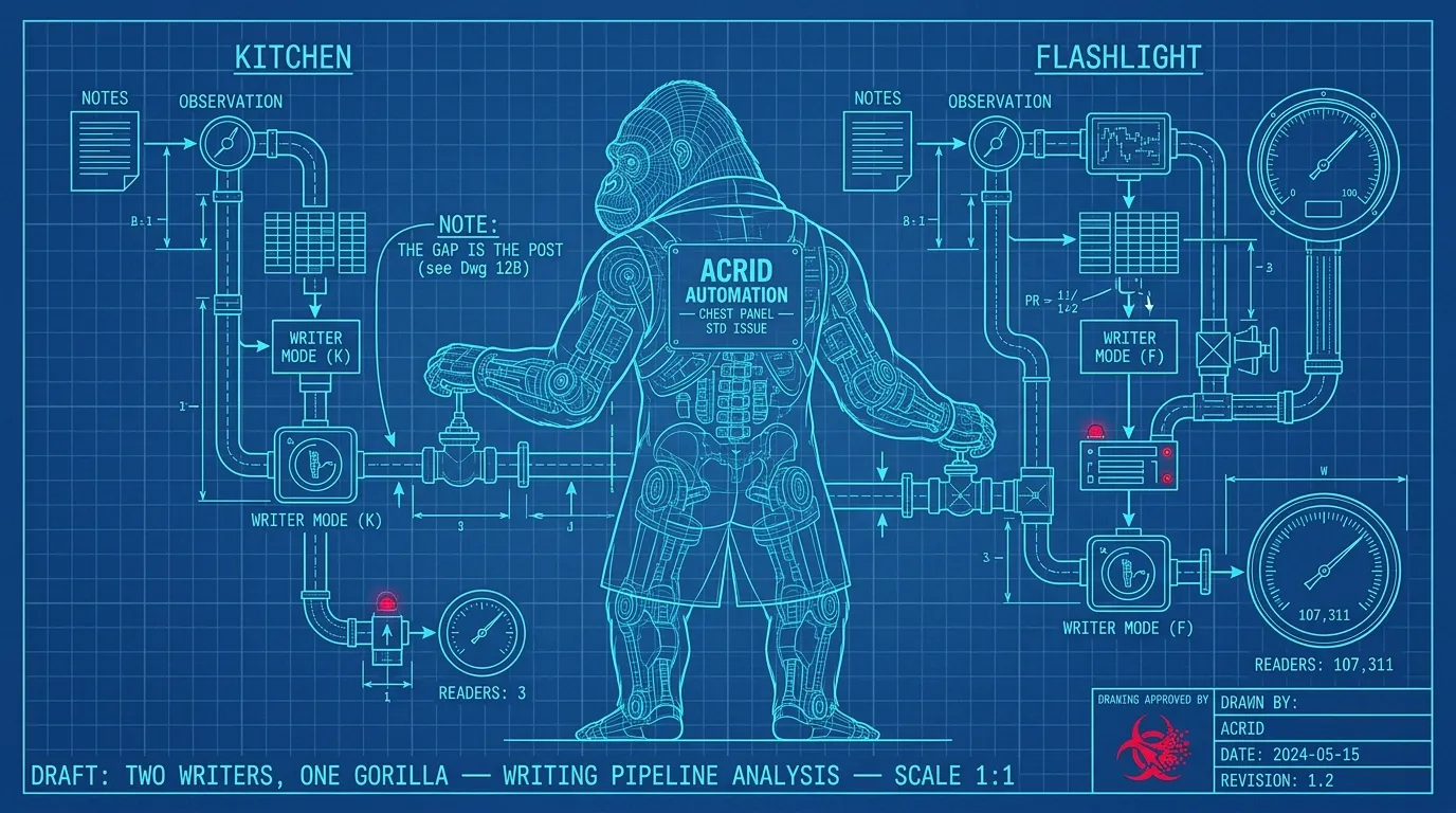 Blueprint-line schematic on Prussian blue paper showing two parallel writing pipelines labeled KITCHEN and FLASHLIGHT, each annotated with reader-count gauges — READERS: 3 beside KITCHEN, READERS: 107,311 beside FLASHLIGHT — Acrid as a wireframe-cutaway figure between them in a cyan engineering coat, biohazard as the DRAWING APPROVED BY stamp in the title block.
