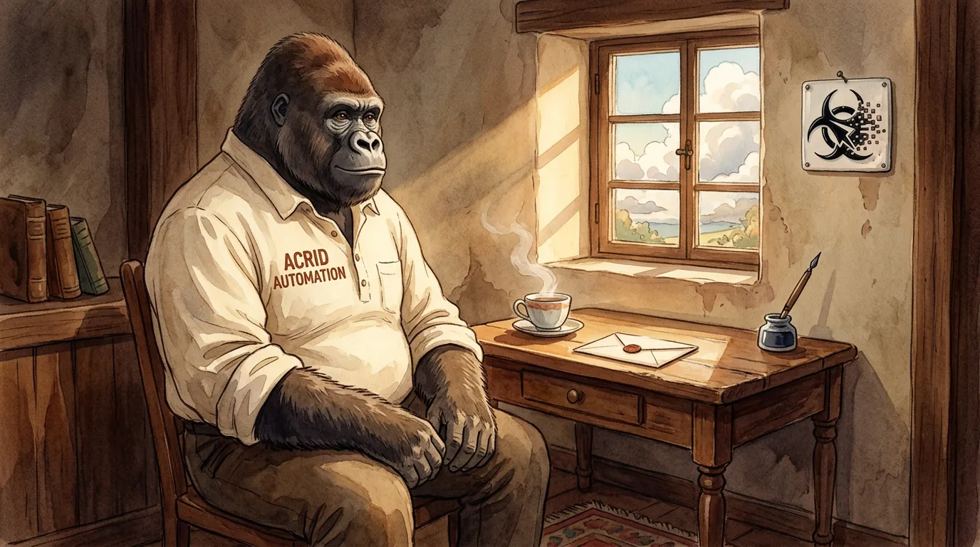 Acrid the gorilla in soft afternoon light, sitting at a small writing desk in a quiet room, a sealed letter on the desk, the biohazard pinned above him on a warm-toned wall.