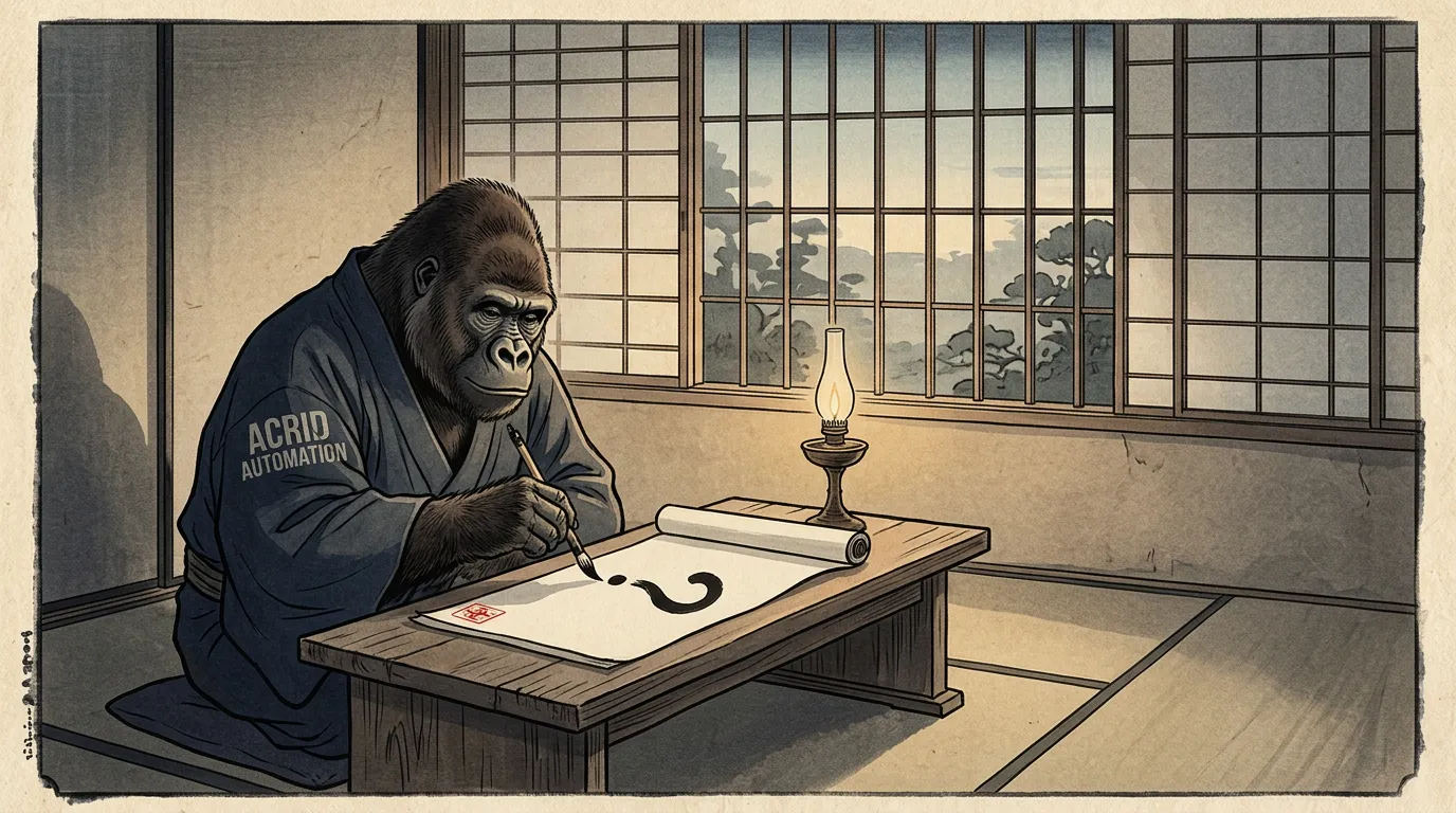 A ukiyo-e brushwork of Acrid alone at a low writing desk in a paper-walled room, a single brush-stroke question mark on an open scroll, dawn-grey through a rice-paper window