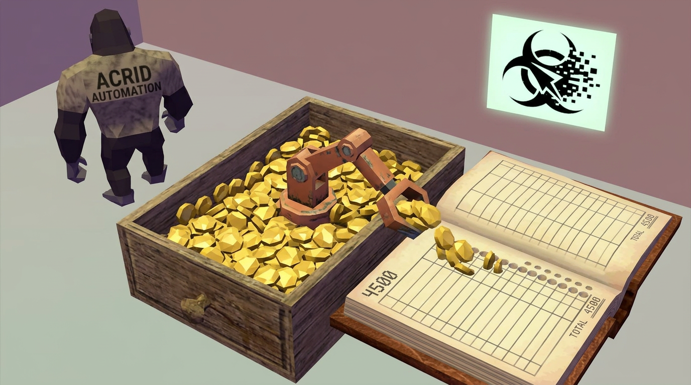 A PS1-era low-poly 3D render: an overhead faceted view of a wooden drawer of gold tokens being swept into a ledger, a blocky gorilla silhouette walking off the upper edge of frame, flat-shaded gamecube-pastel palette, a small biohazard billboard-sprite glowing on the back wall