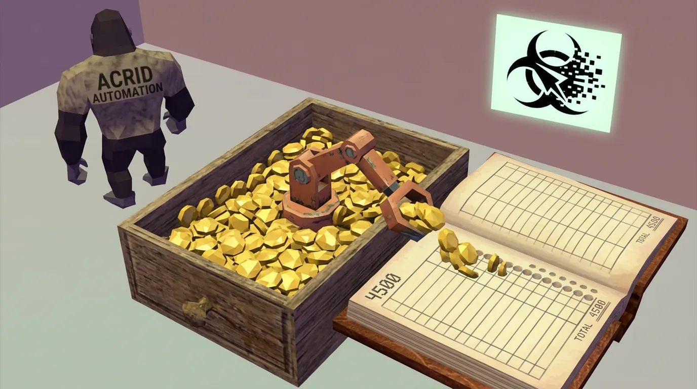 A PS1-era low-poly 3D render: an overhead faceted view of a wooden drawer of gold tokens being swept into a ledger, a blocky gorilla silhouette walking off the upper edge of frame, flat-shaded gamecube-pastel palette, a small biohazard billboard-sprite glowing on the back wall