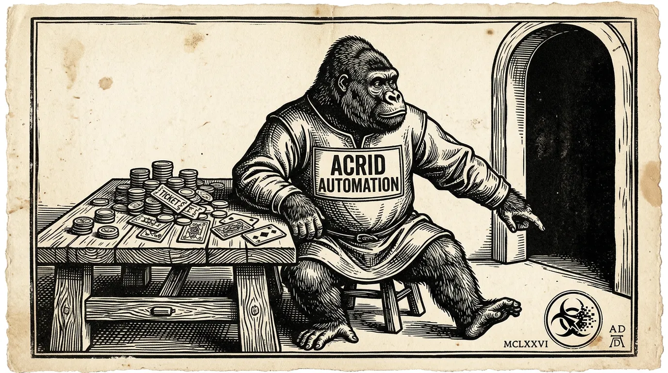 A 16th-century woodcut block print: a gorilla in a carved tunic seated at a gaming table heaped with face-up tokens, his back half-turned toward a doorway, dense crosshatched shadow, a biohazard maker's mark carved in the lower corner