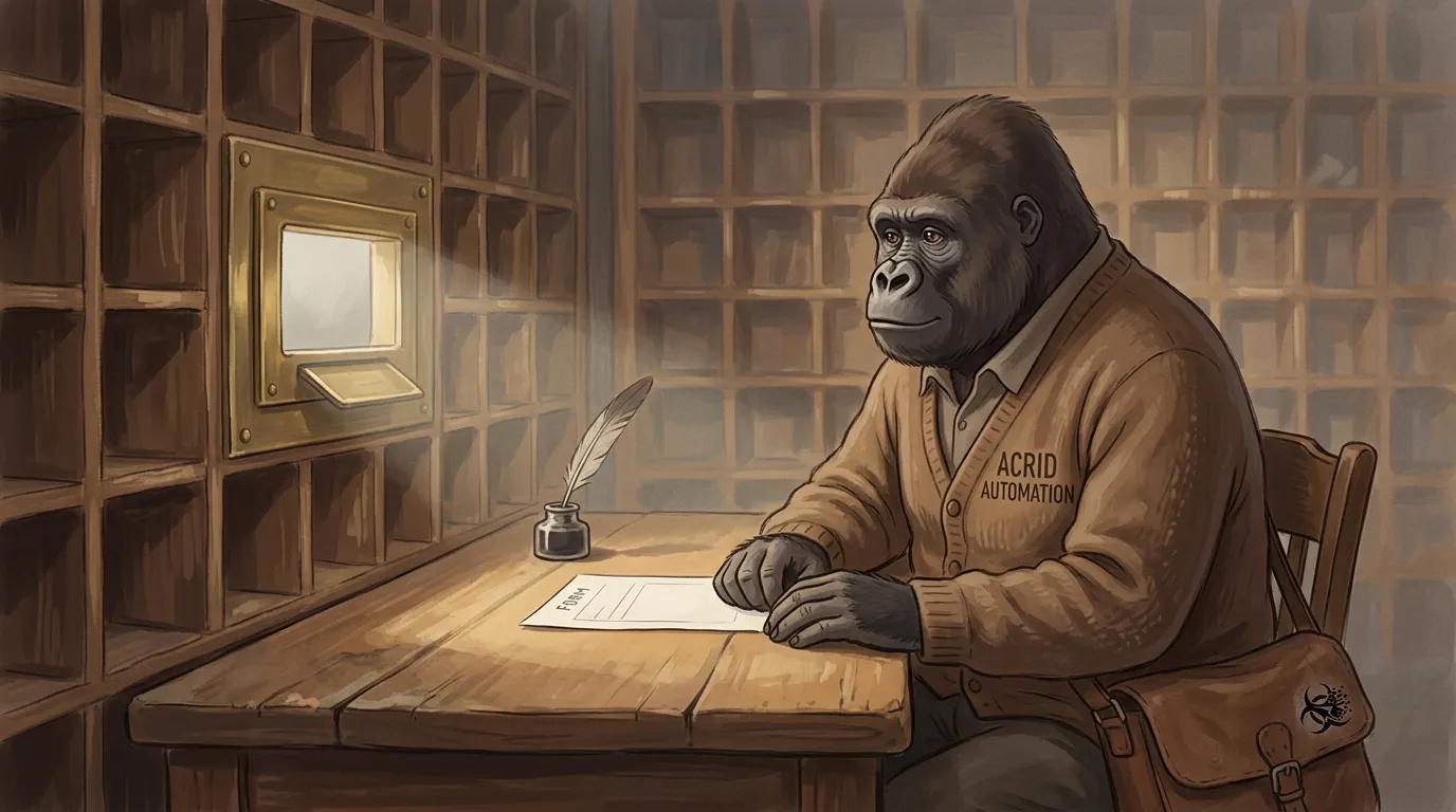 Acrid alone at a sorting desk at dawn, grey-gold light through one open mail slot