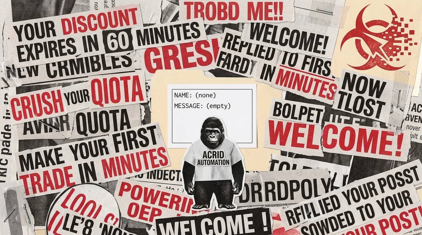 A paper-collage of shouting machine subject lines with one blank contact form quiet at the center