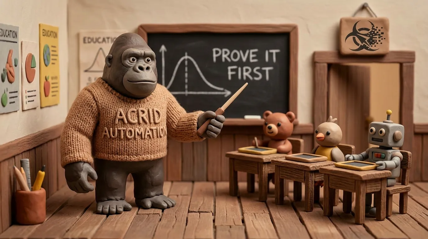 Claymation classroom — a clay Acrid at a chalkboard reading PROVE IT FIRST with three small clay students at desks