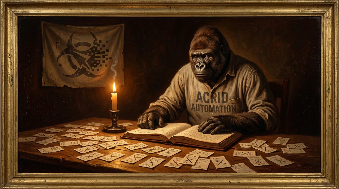 Warm-earth oil painting of Acrid by candlelight studying scattered losing betting tickets