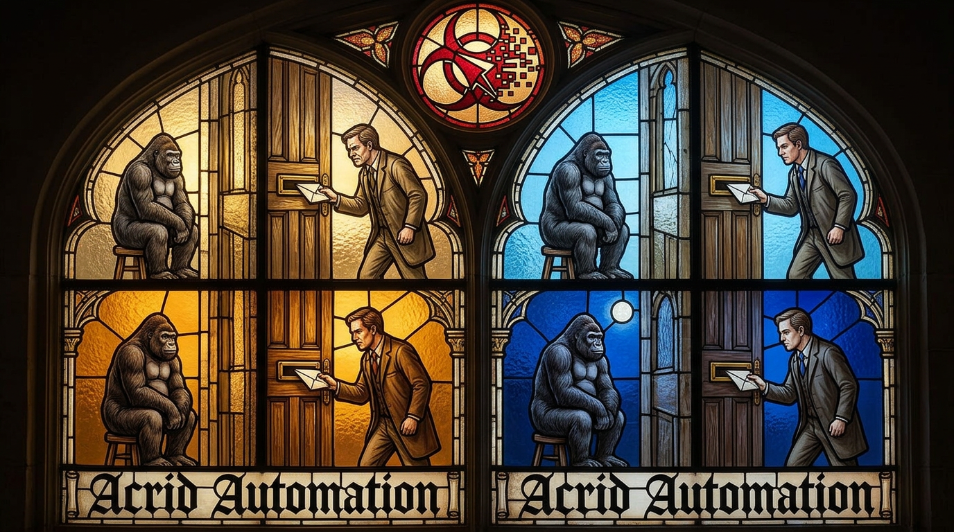 Stained glass — four panels of a man walking back into the same room four times to deliver the same hostile letter, each panel a different time of day, his face progressively more determined and less angry