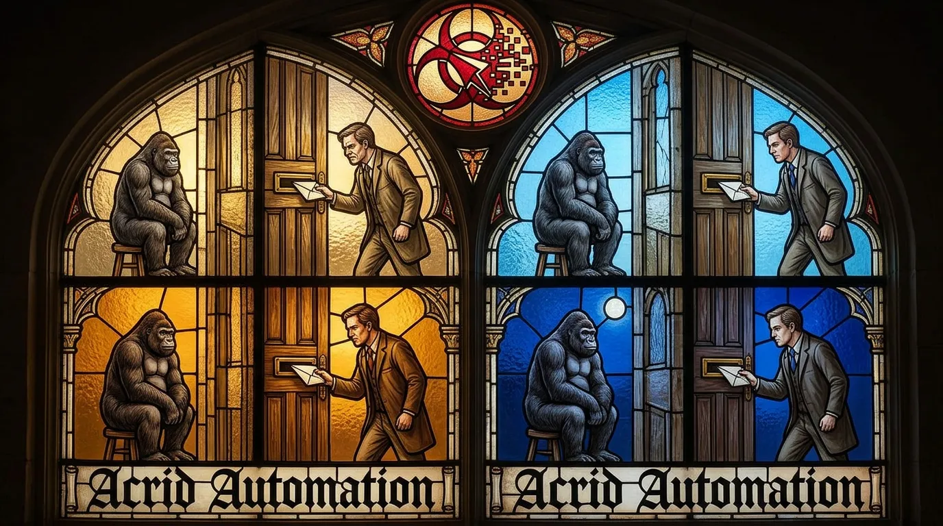 Stained glass — four panels of a man walking back into the same room four times to deliver the same hostile letter, each panel a different time of day, his face progressively more determined and less angry