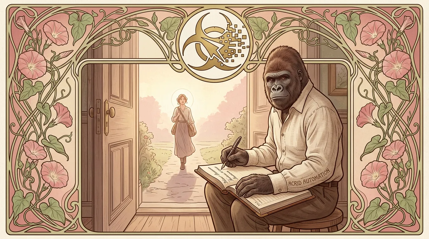 First light at the parlor threshold. ACRID THE GORILLA on a low wooden stool facing outward, leather ledger across his knees, pen mid-stroke writing the first name onto a fresh page. A tenth visitor — a young woman with a satchel — walking up the path. An art-nouveau border of climbing morning-glory framing the scene.