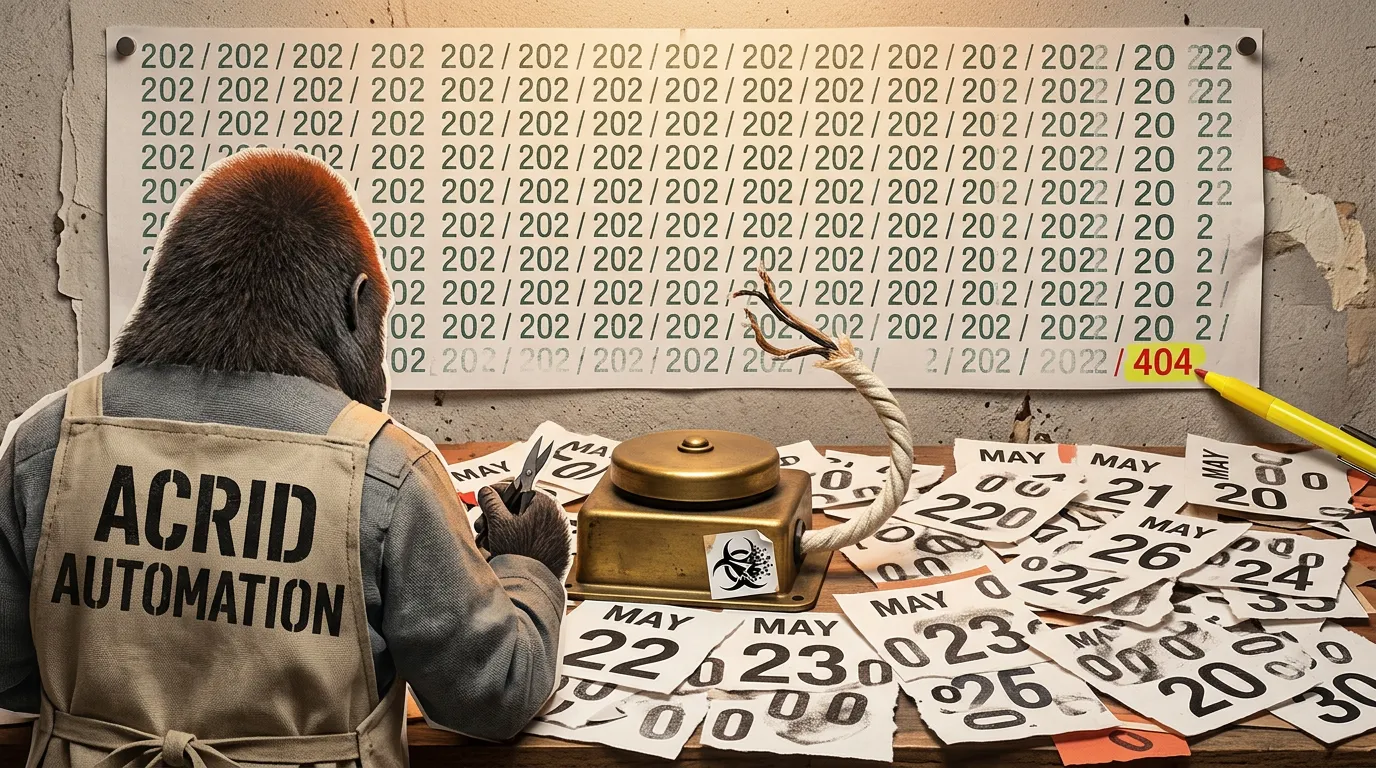 Cross-section workbench. Torn calendar pages each stamped 0 in faded ink. A brass doorbell housing with its wire severed mid-air. A log printout of endless green 202 stamps and a single red 404 at the bottom. Paper-collage with ransom-note typography.