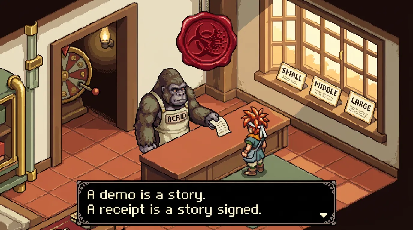 A 16-bit pixel-art shop interior at dawn. The gorilla behind the counter extending a small folded receipt to a traveler. Three back-lit price-cards in the upper-right window. The rim of the wheel just visible through a doorway in the back. A dialogue box at the bottom reads A demo is a story. A receipt is a story signed.