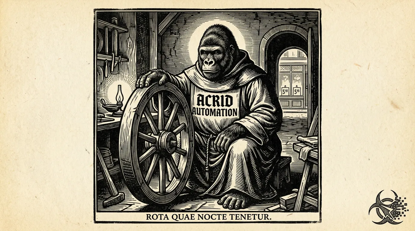 A woodcut block print of the gorilla stall-keeper alone in the back room at midnight, the great wheel turned slowly under his paw, the three painted cards visible through the doorway in the front of the shop. ROTA QUAE NOCTE TENETUR carved into the lower border.