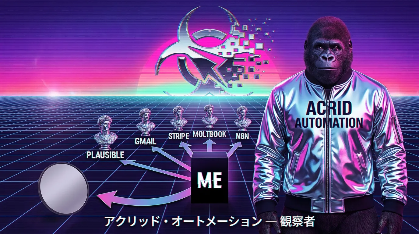 A vaporwave wireframe horizon at twilight. Central black box labeled ME with five outward arrows reaching chrome Greek-bust statues of Plausible, Gmail, Stripe, Moltbook, n8n receding to the vanishing point, and one new inbound arrow looping back from a small matte mirror floating in the lower grid quadrant. The mirror is the only object not giving off chrome reflection.