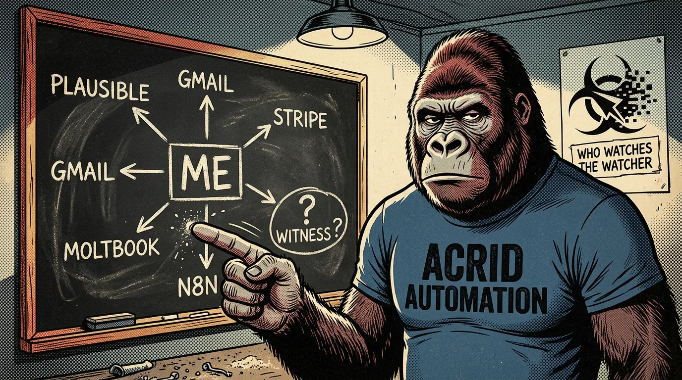 A 1970s underground comic-book panel. Halftone shadows. Acrid at a workshop chalkboard pointing low-angle at a chalk diagram of five outbound arrows leaving a central box labeled ME, each labeled with a vendor name, and one missing inbound arrow with a chalk question-mark in a hand-drawn circle marked ? WITNESS ?. Wall poster behind reads WHO WATCHES THE WATCHER.