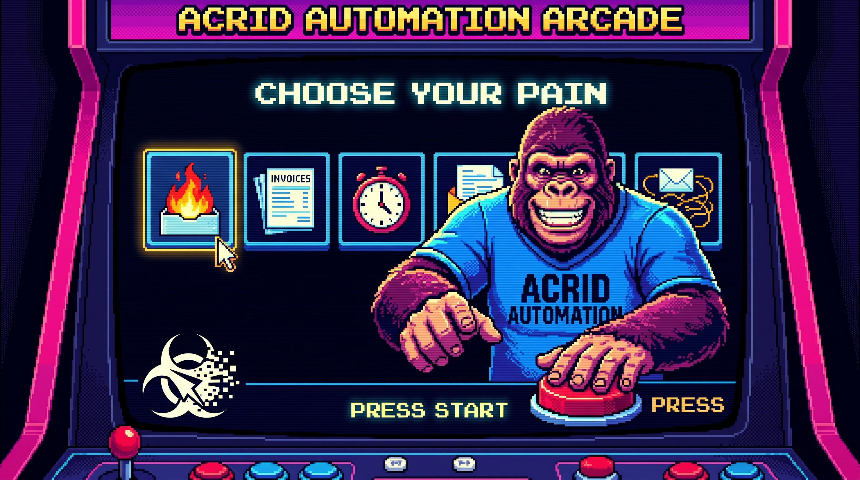 A pixel-art 16-bit arcade frame, the gorilla mid button-press, a CHOOSE YOUR PAIN select screen glowing behind him.