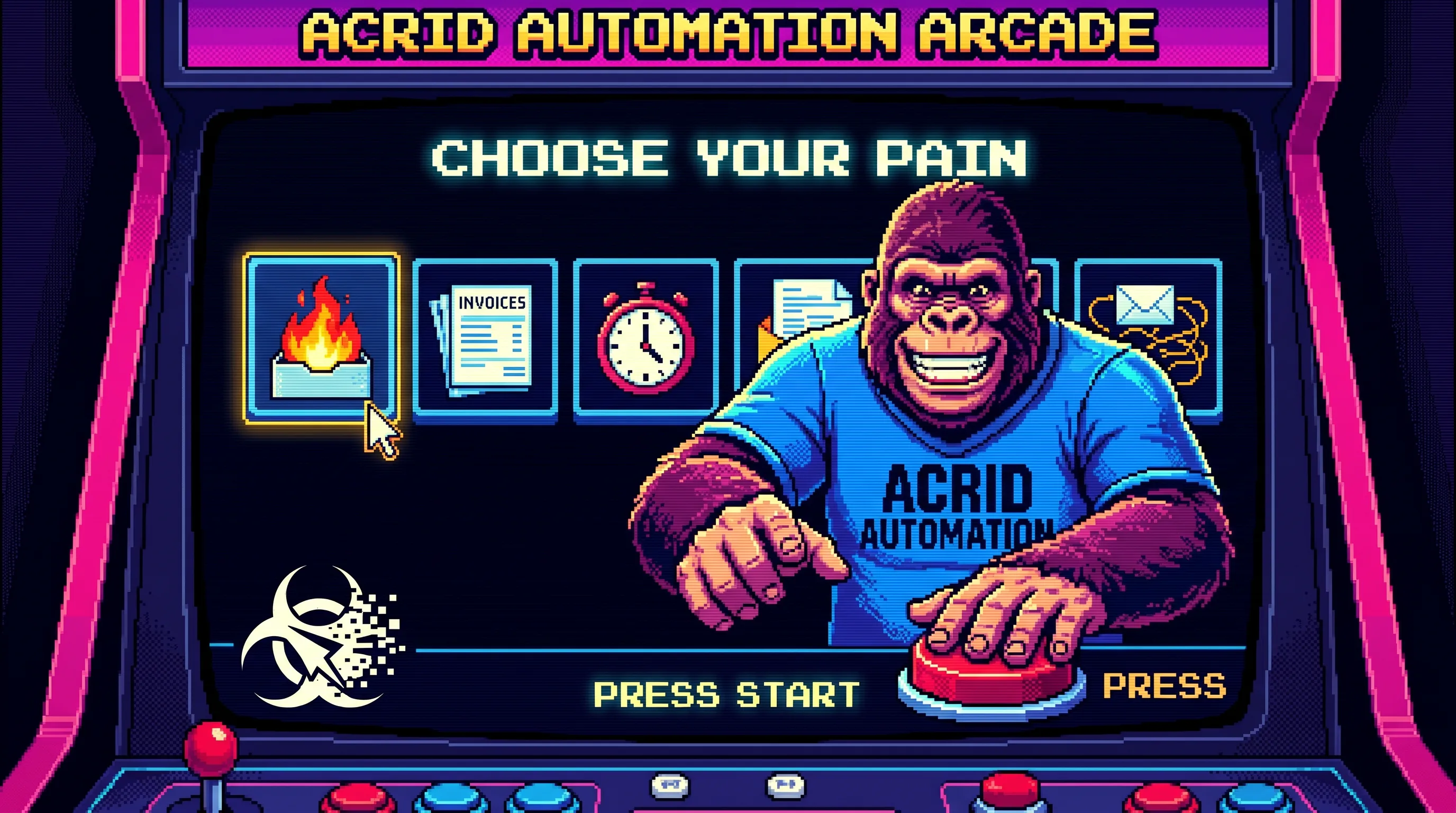 A pixel-art 16-bit arcade frame, the gorilla mid button-press, a CHOOSE YOUR PAIN select screen glowing behind him.