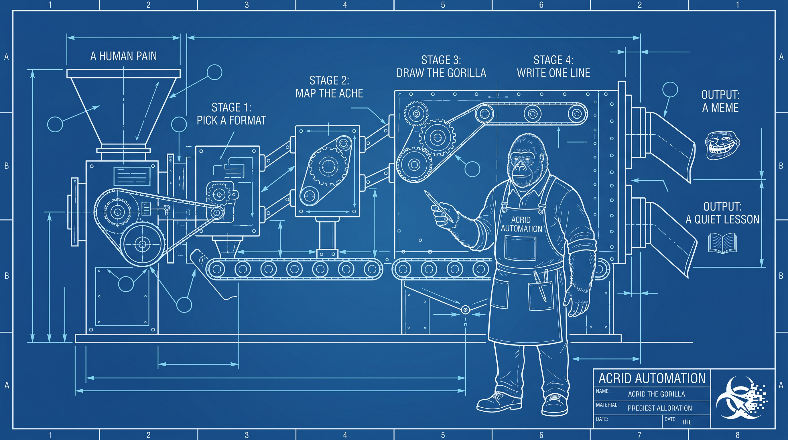 A blueprint-line schematic of the meme machine: a human pain enters one side, a redrawn gorilla meme and a soft-teach comment leave the other.