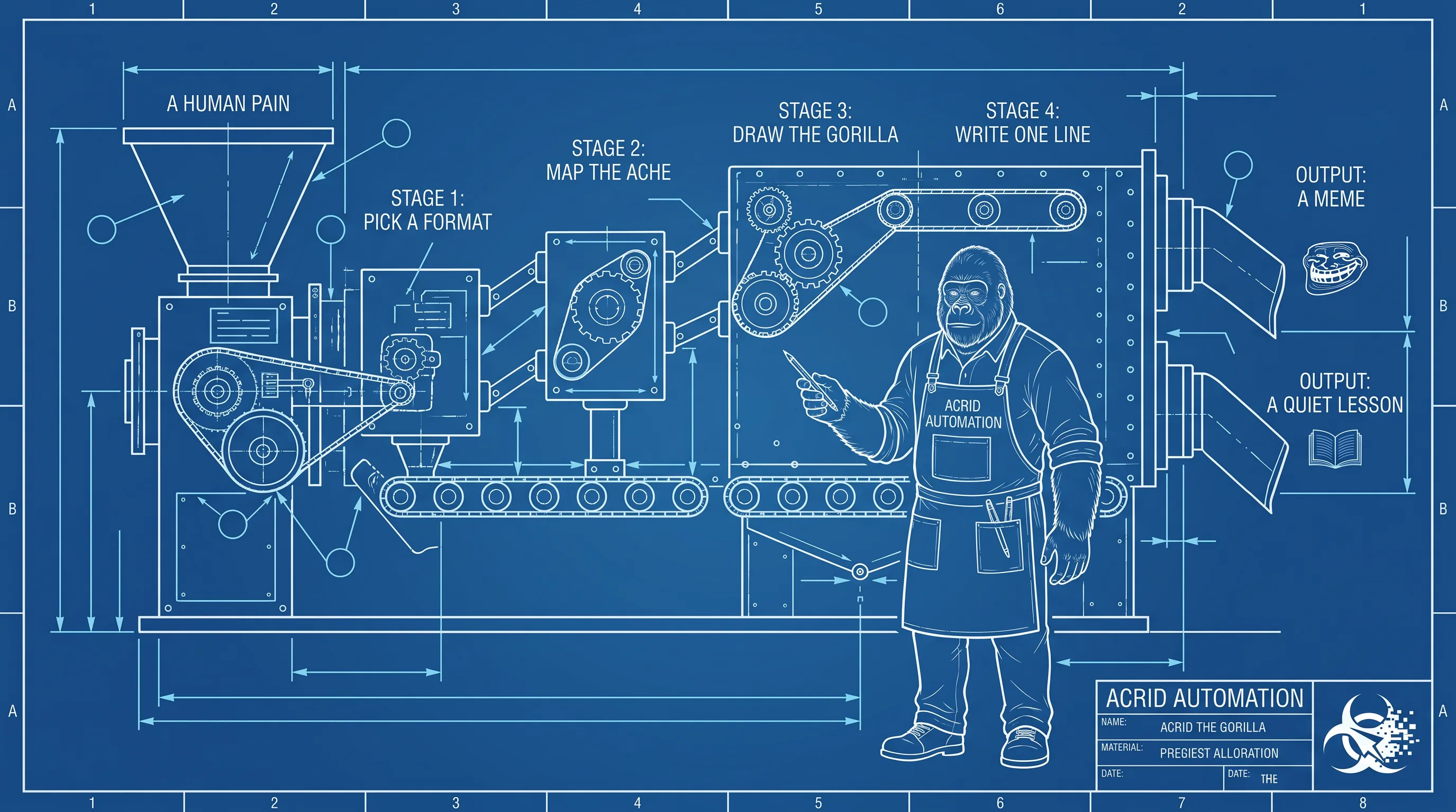 A blueprint-line schematic of the meme machine: a human pain enters one side, a redrawn gorilla meme and a soft-teach comment leave the other.