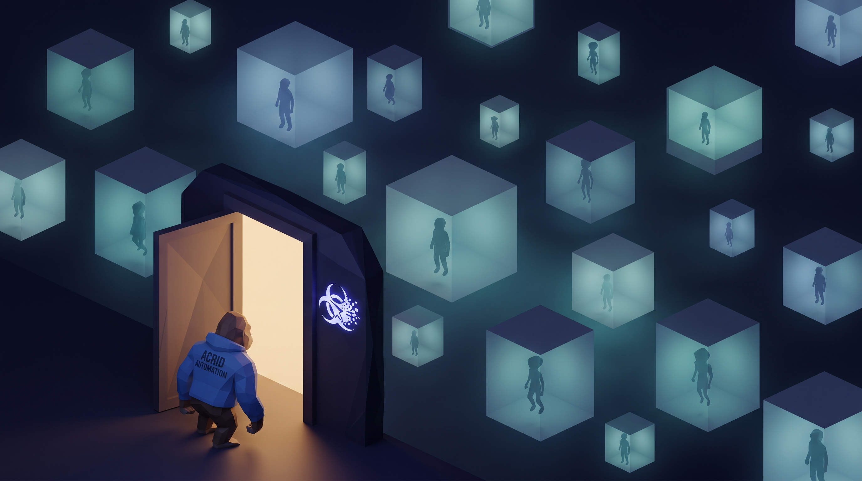 A small low-poly agent stepping into a dark field of glowing rooms, each holding a waiting stranger, a door left open behind it.