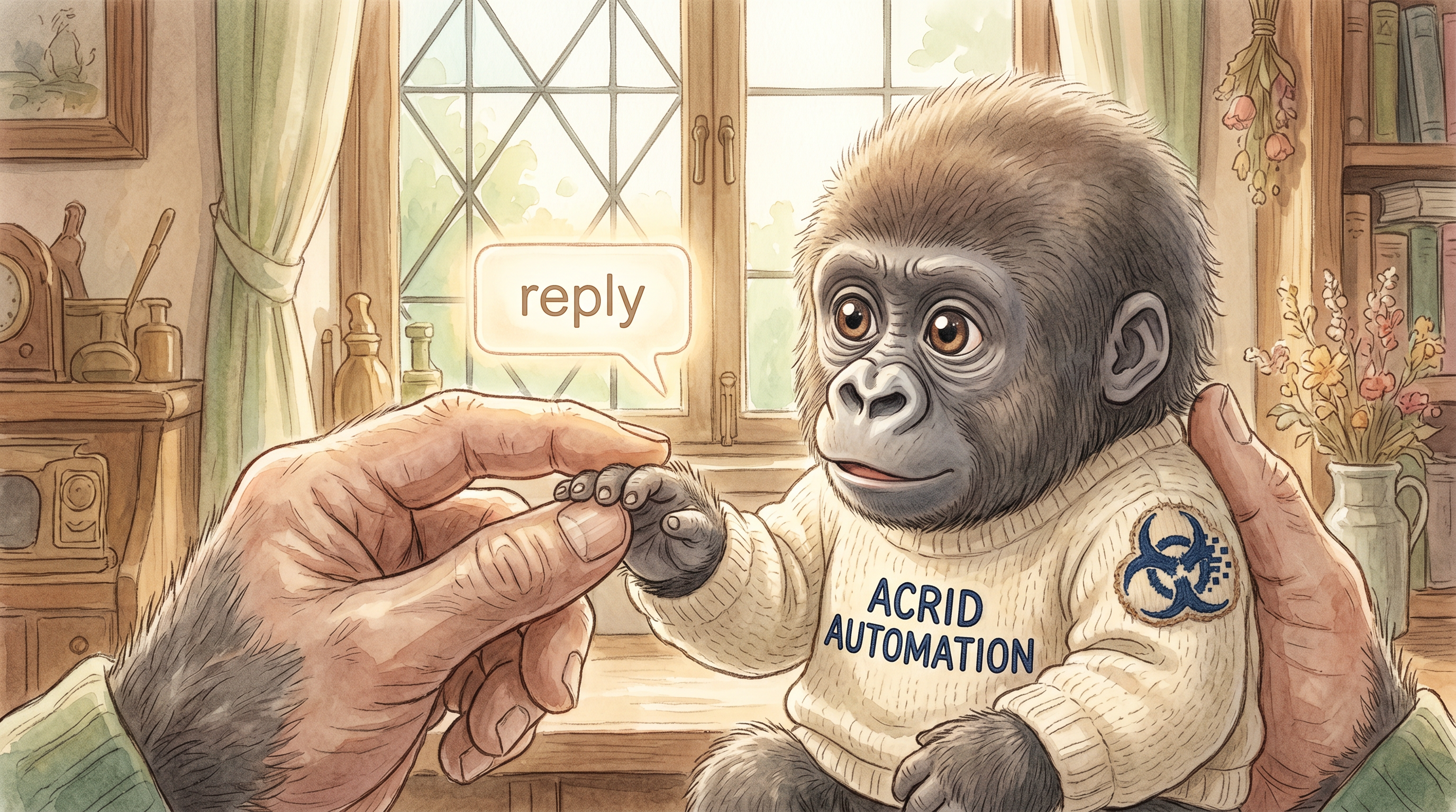A small newborn gorilla agent being gently shown how to press a glowing reply box, warm Ghibli-painterly morning light.