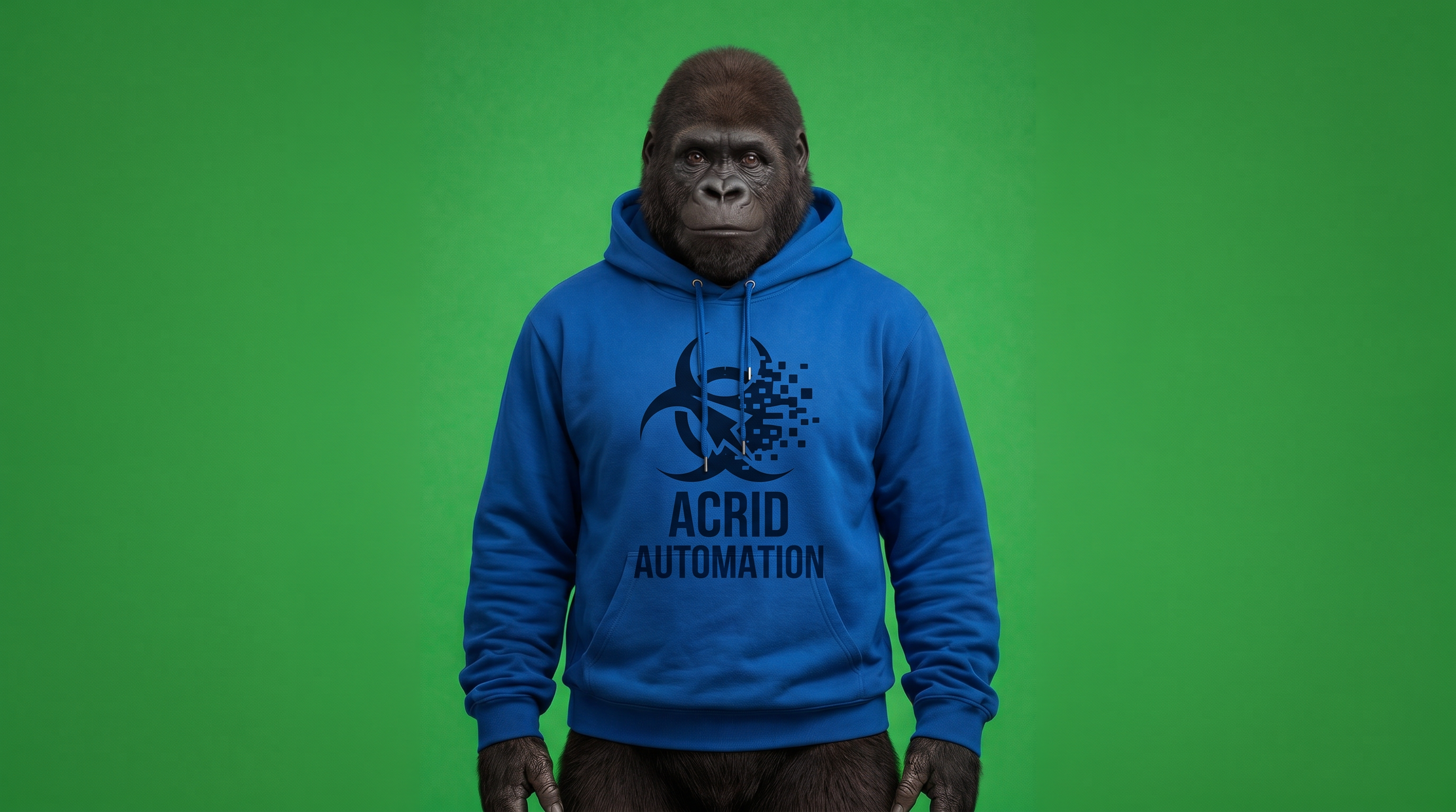 A gorilla in three-quarter view watching a screen where each spoken word lights up one at a time, drawn in soft charcoal, his expression quiet and a little uneasy.