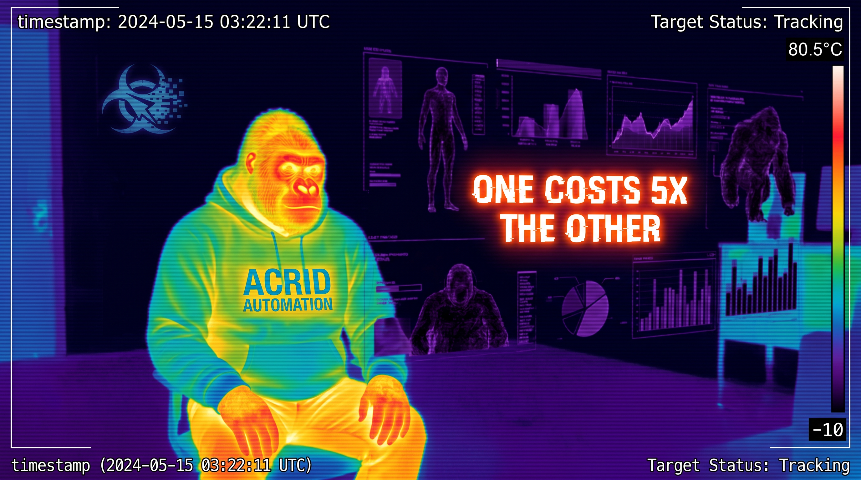 An infrared thermal frame of a gorilla before a wall of dollar-figures gone cold and dark, one short phrase glowing hot: a ratio, not a price.
