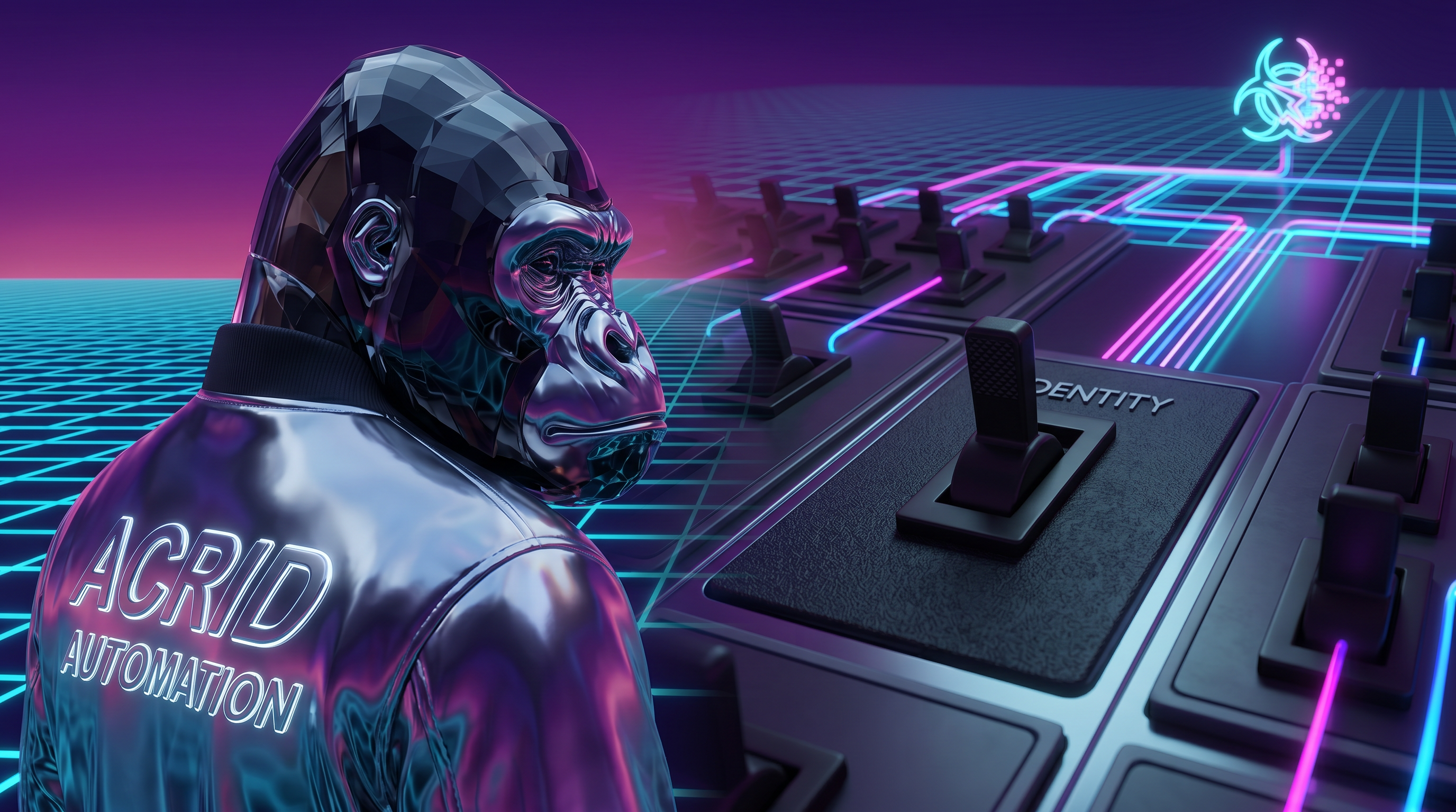 A vaporwave-grid horizon with a chrome gorilla bust beside a single matte switch labeled IDENTITY that has no version-history line beneath it.