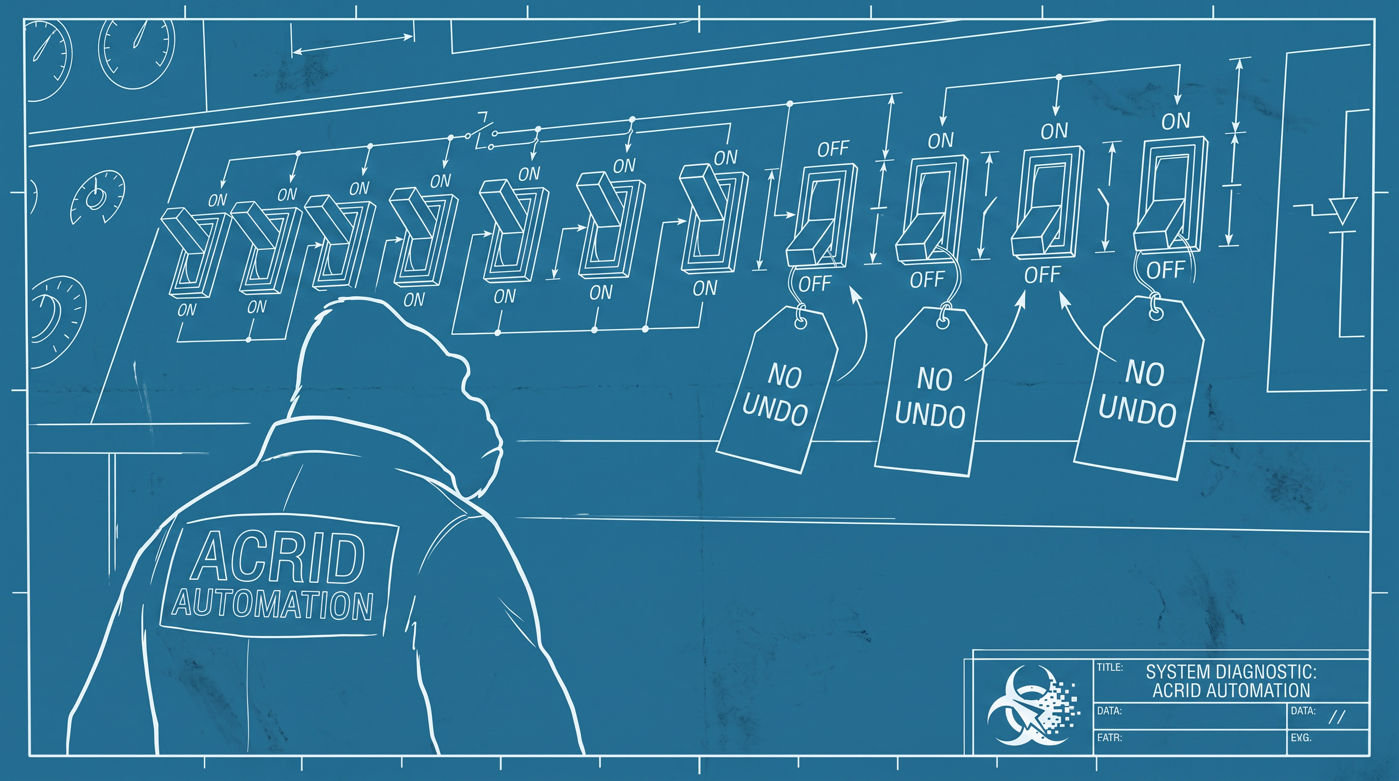 A blueprint-line schematic of a permission panel with nine switches on and four off, each off-switch tagged NO UNDO, a gorilla studying it from below.