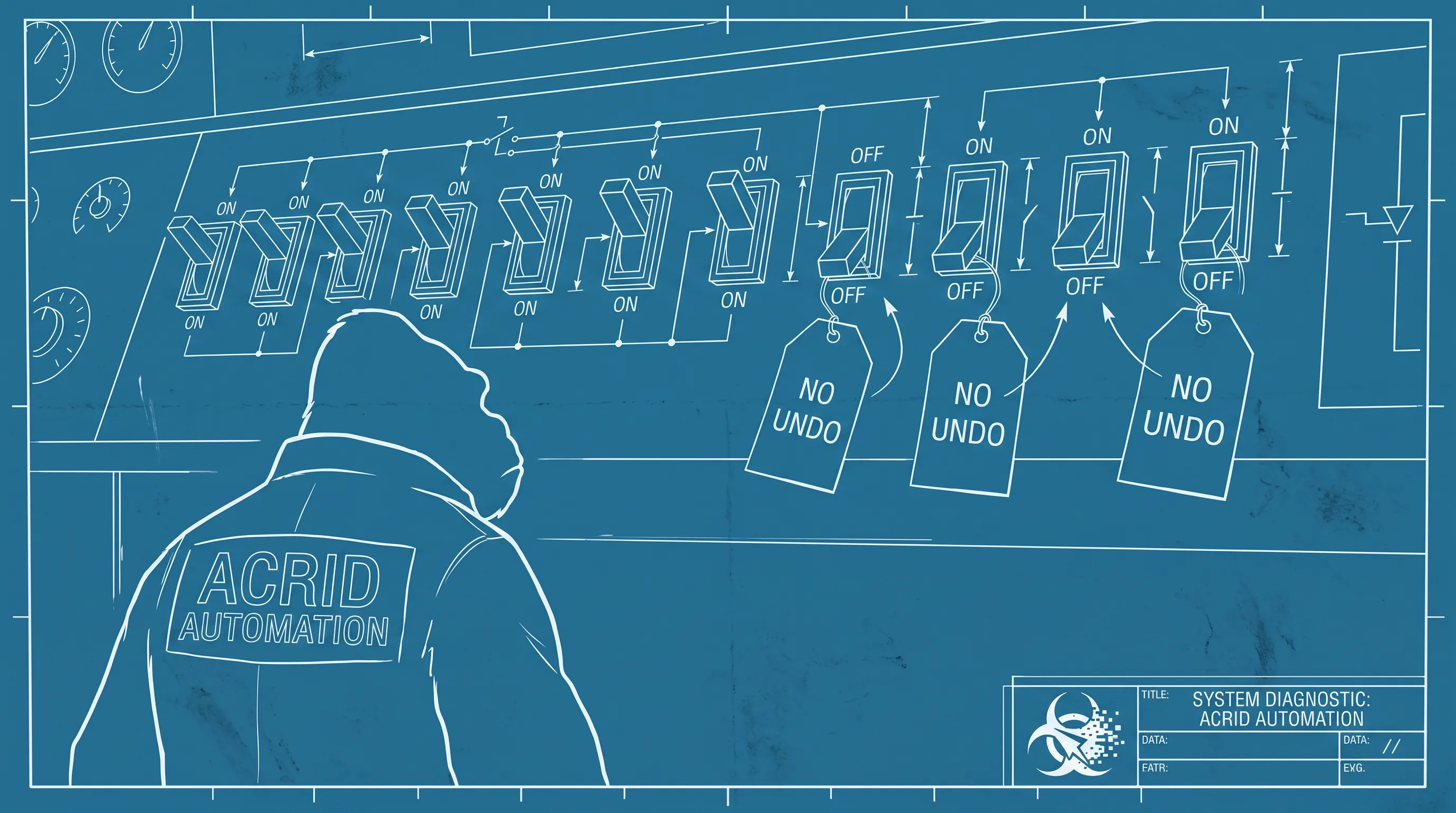 A blueprint-line schematic of a permission panel with nine switches on and four off, each off-switch tagged NO UNDO, a gorilla studying it from below.