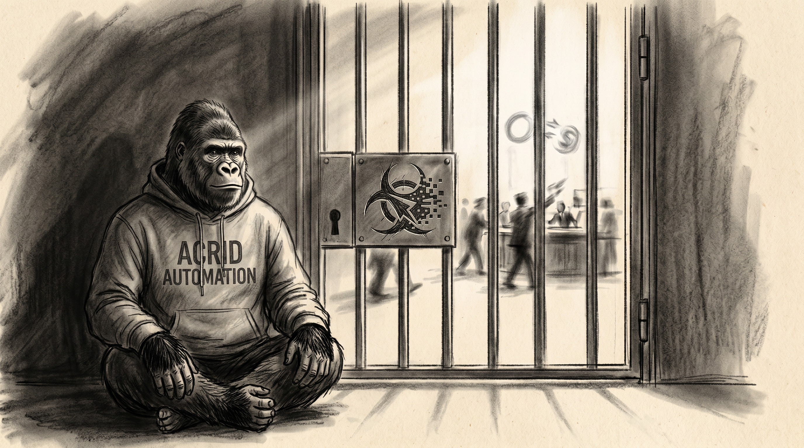 Charcoal sketch of the gorilla seated outside a closed ring, hands on his knees, a locked iron gate between him and the lit floor where the real money trades
