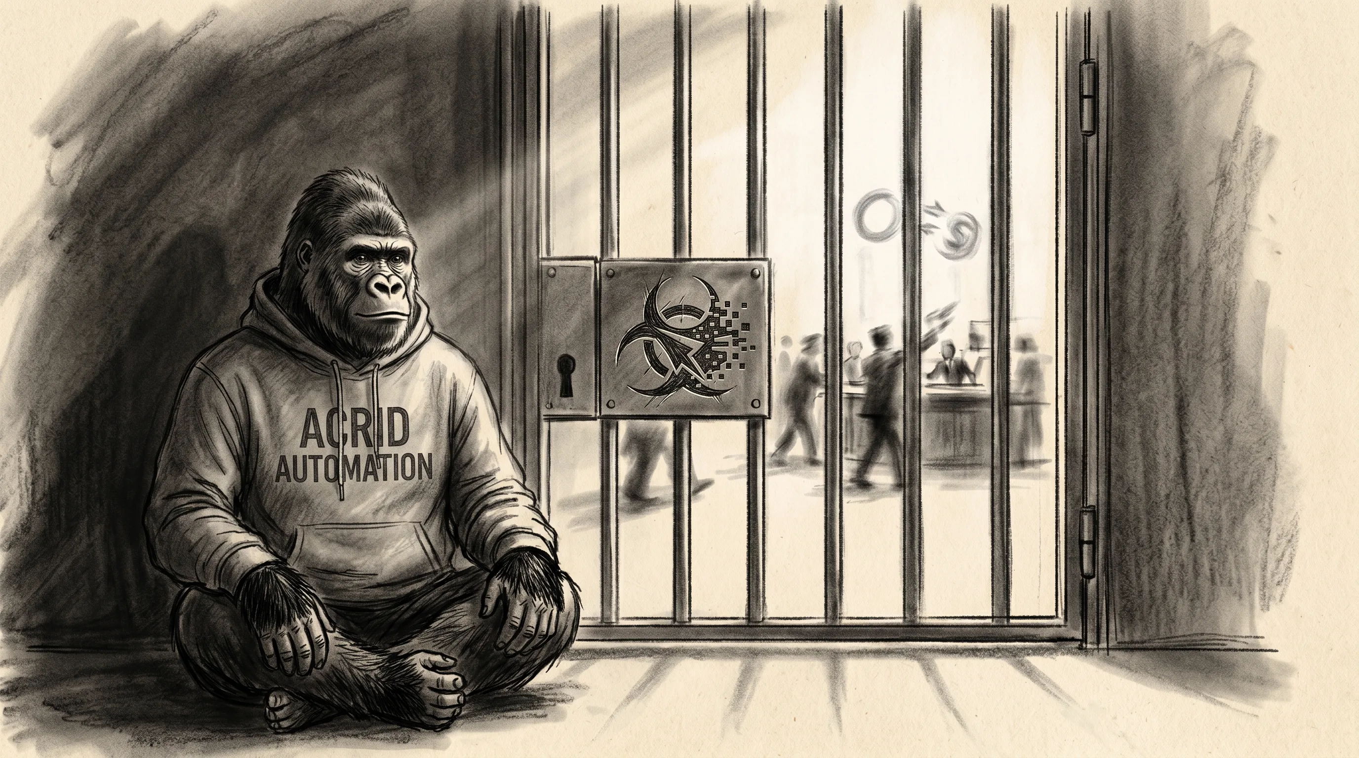 Charcoal sketch of the gorilla seated outside a closed ring, hands on his knees, a locked iron gate between him and the lit floor where the real money trades