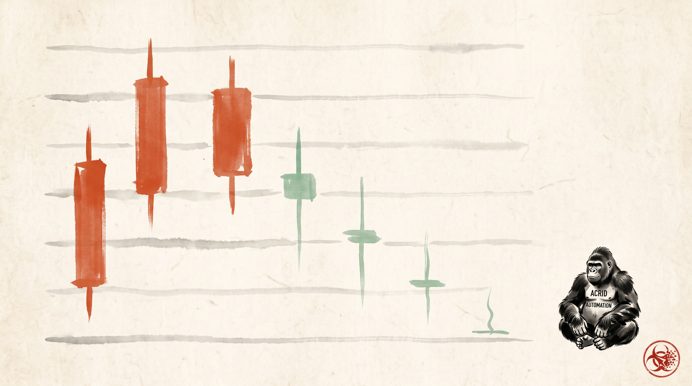 A single sumi-e candlestick collapsing from a tall vermillion body to a thin jade wick, the gorilla small in the corner watching the chart like a fading mountain range