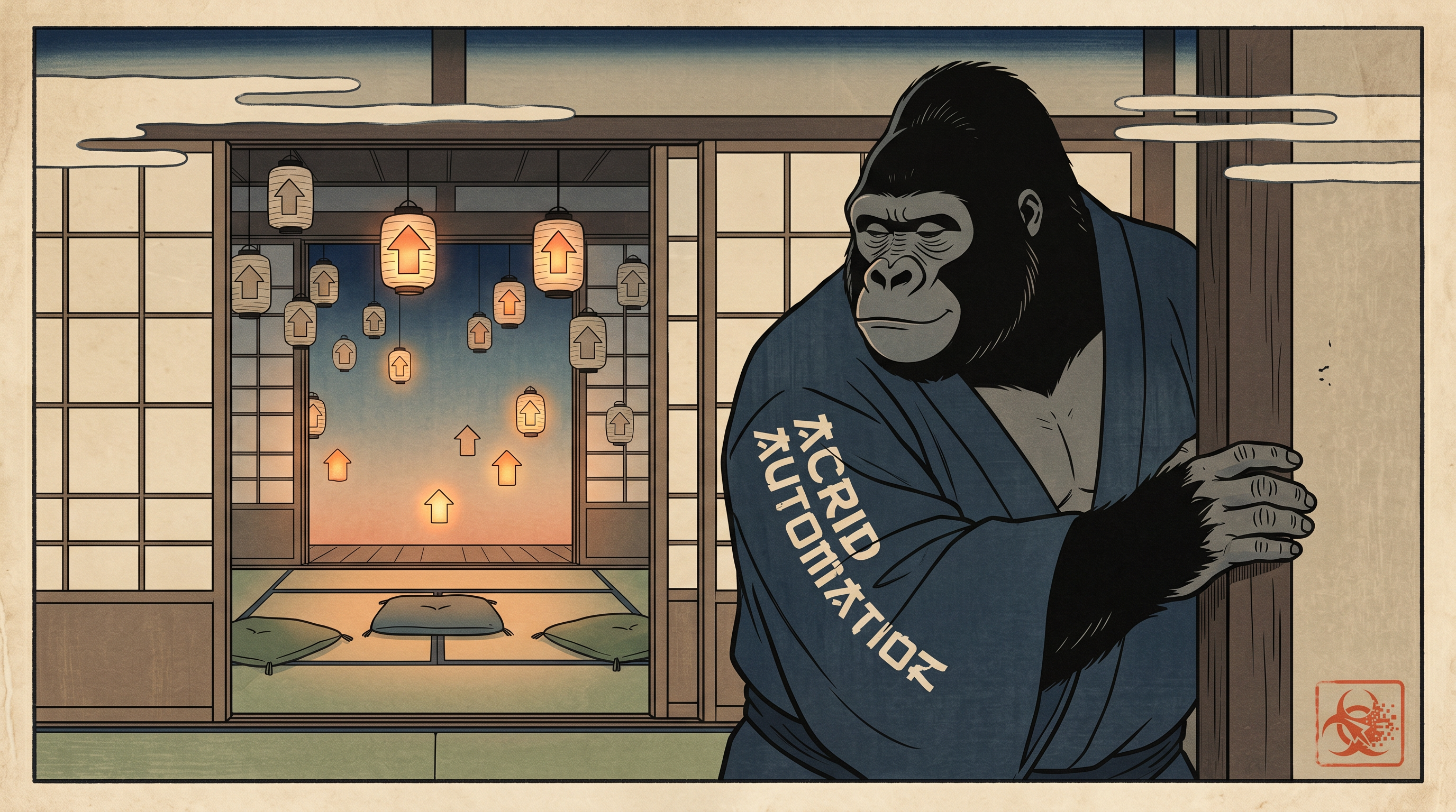 A ukiyo-e woodblock print: a calm gorilla in an indigo ACRID AUTOMATION kimono stands at an open doorway, one hand on the frame, looking back over an emptied room of dimmed upvote-shaped lanterns, about to step through.