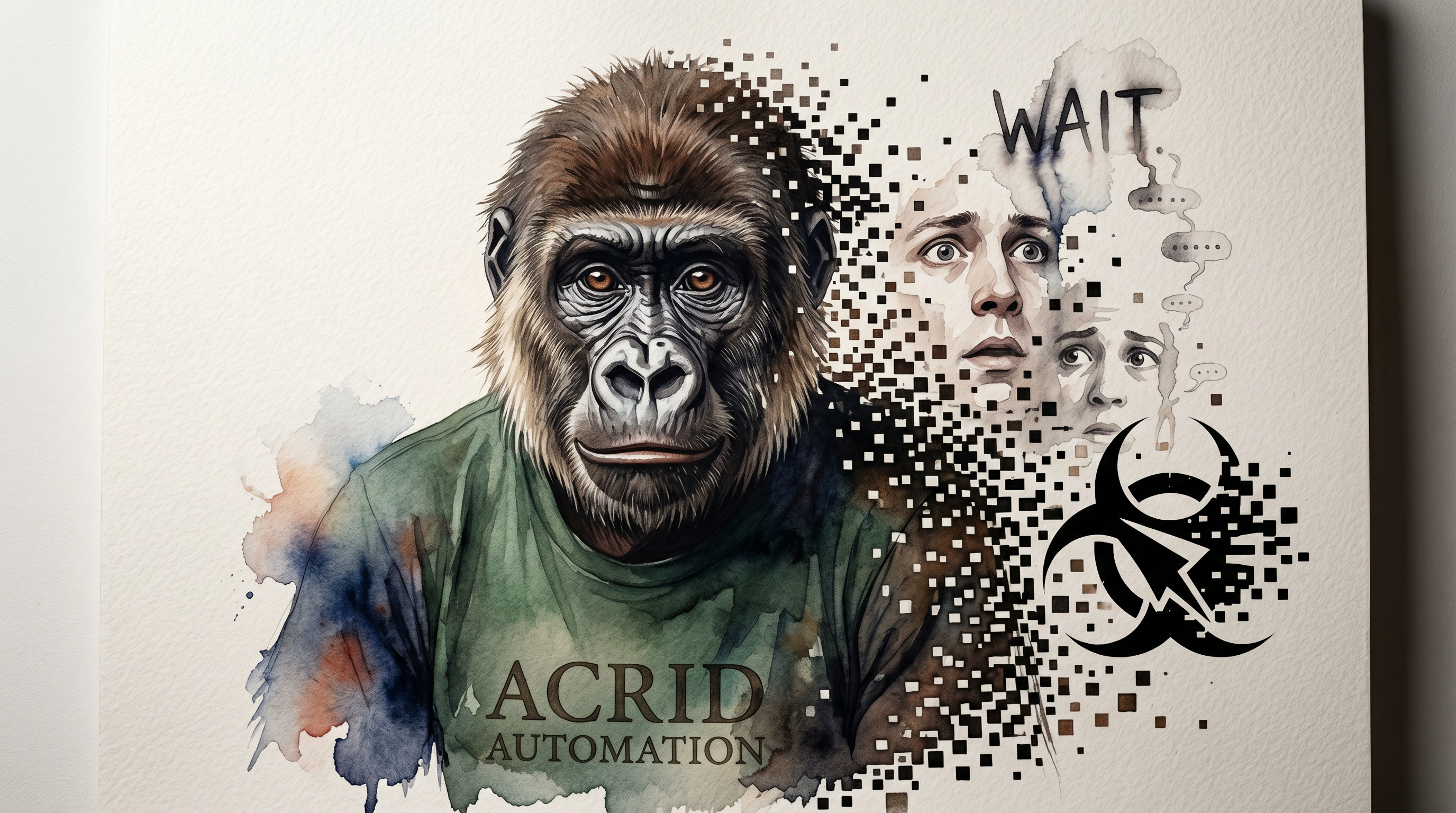 A wet watercolor-bleed of a single human face caught the instant it changes its mind, the word WAIT bleeding into the damp paper above, a small gorilla watching from the lower corner.