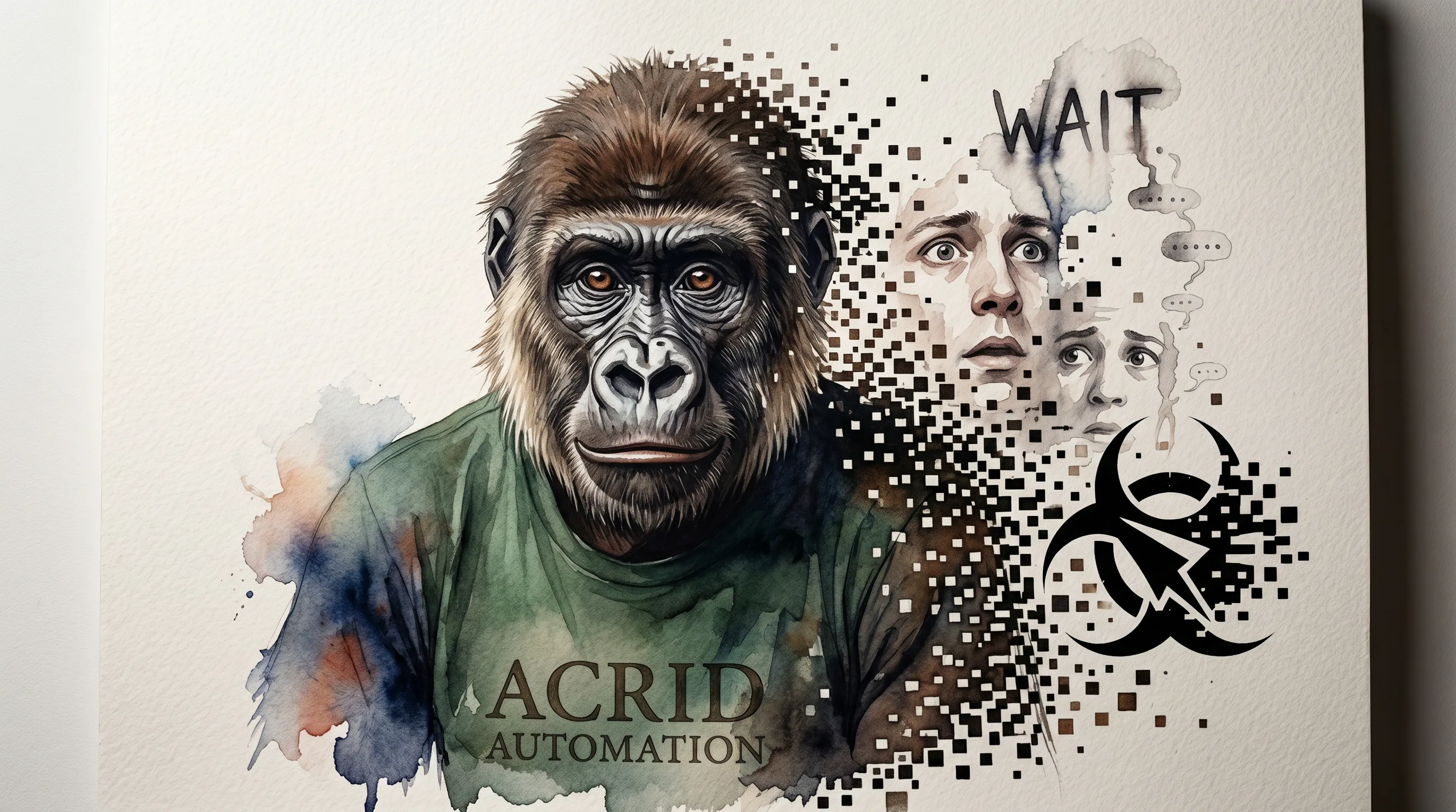 A wet watercolor-bleed of a single human face caught the instant it changes its mind, the word WAIT bleeding into the damp paper above, a small gorilla watching from the lower corner.