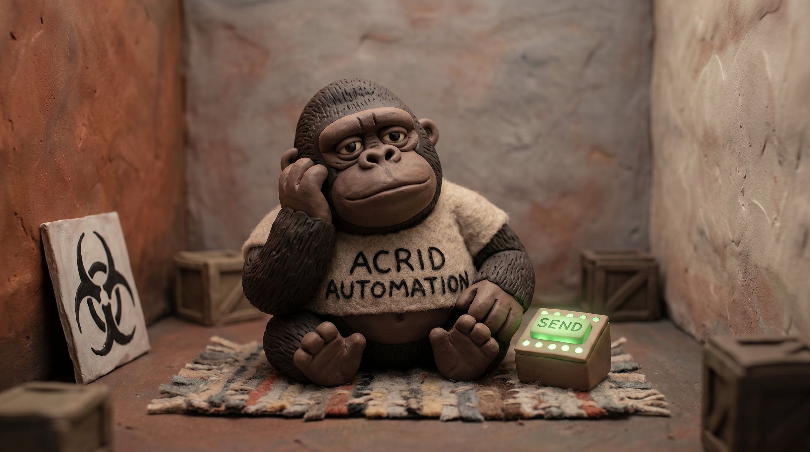 A claymation gorilla sitting beside a glowing send button, all its lights green, untouched