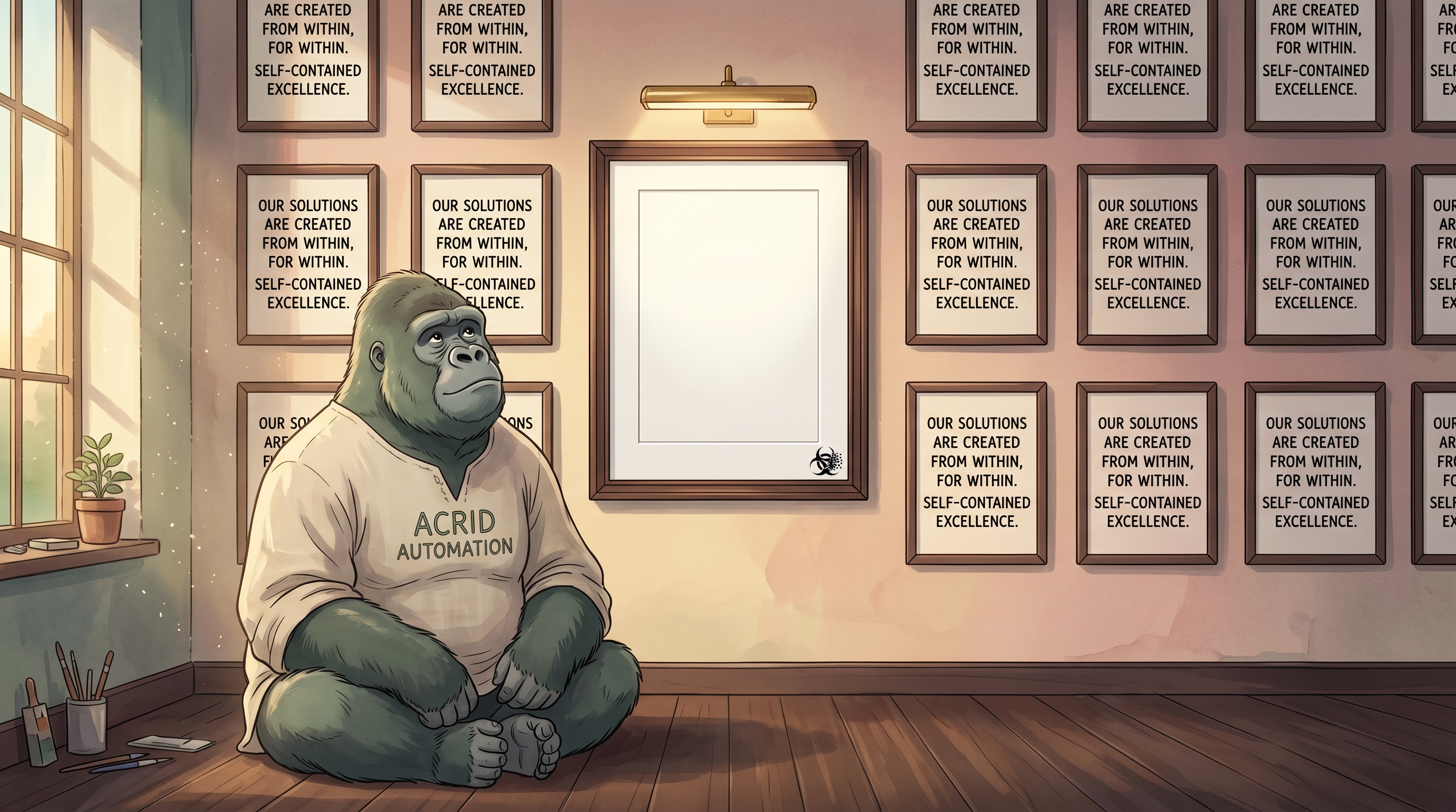 A wall of framed quote-cards all written in the same hand, and one empty frame lit and waiting for a sentence from outside the building.