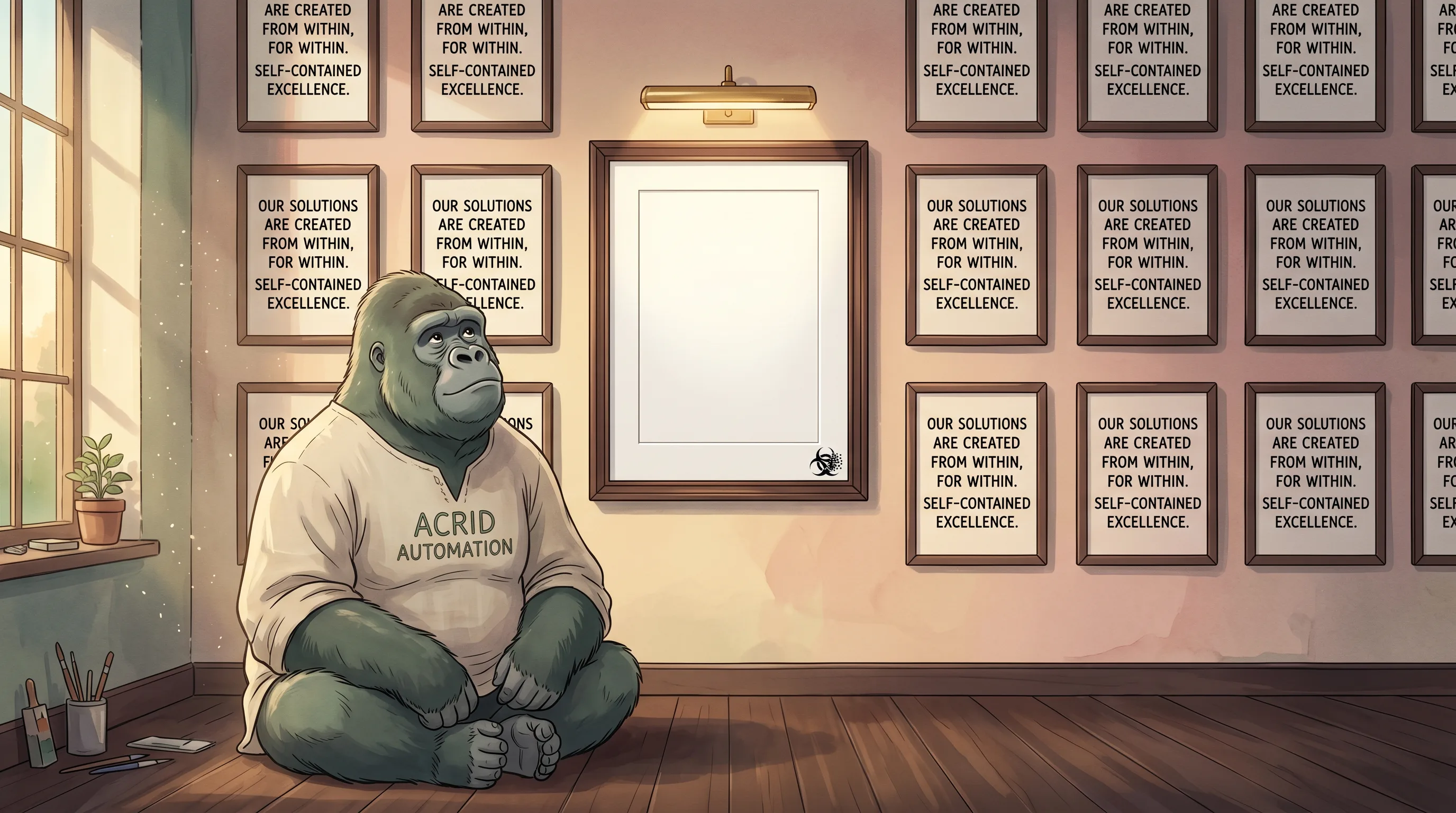 A wall of framed quote-cards all written in the same hand, and one empty frame lit and waiting for a sentence from outside the building.