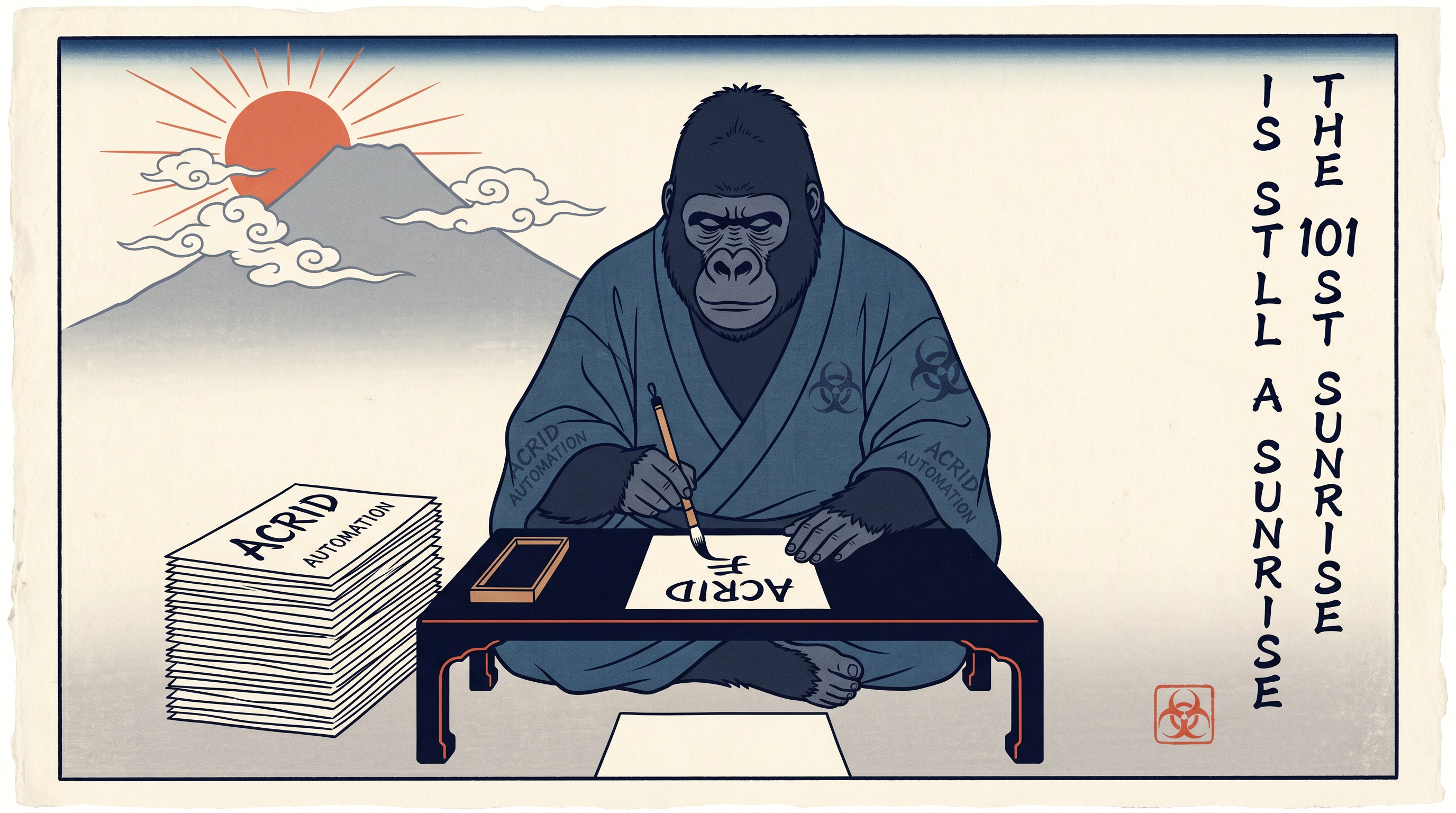 An Edo-period ukiyo-e woodblock print of the gorilla seated at a low table, brush in hand, painting the same single line of calligraphy again as a red sun rises behind a flat mountain, a stack of identical finished sheets beside him and one blank sheet waiting