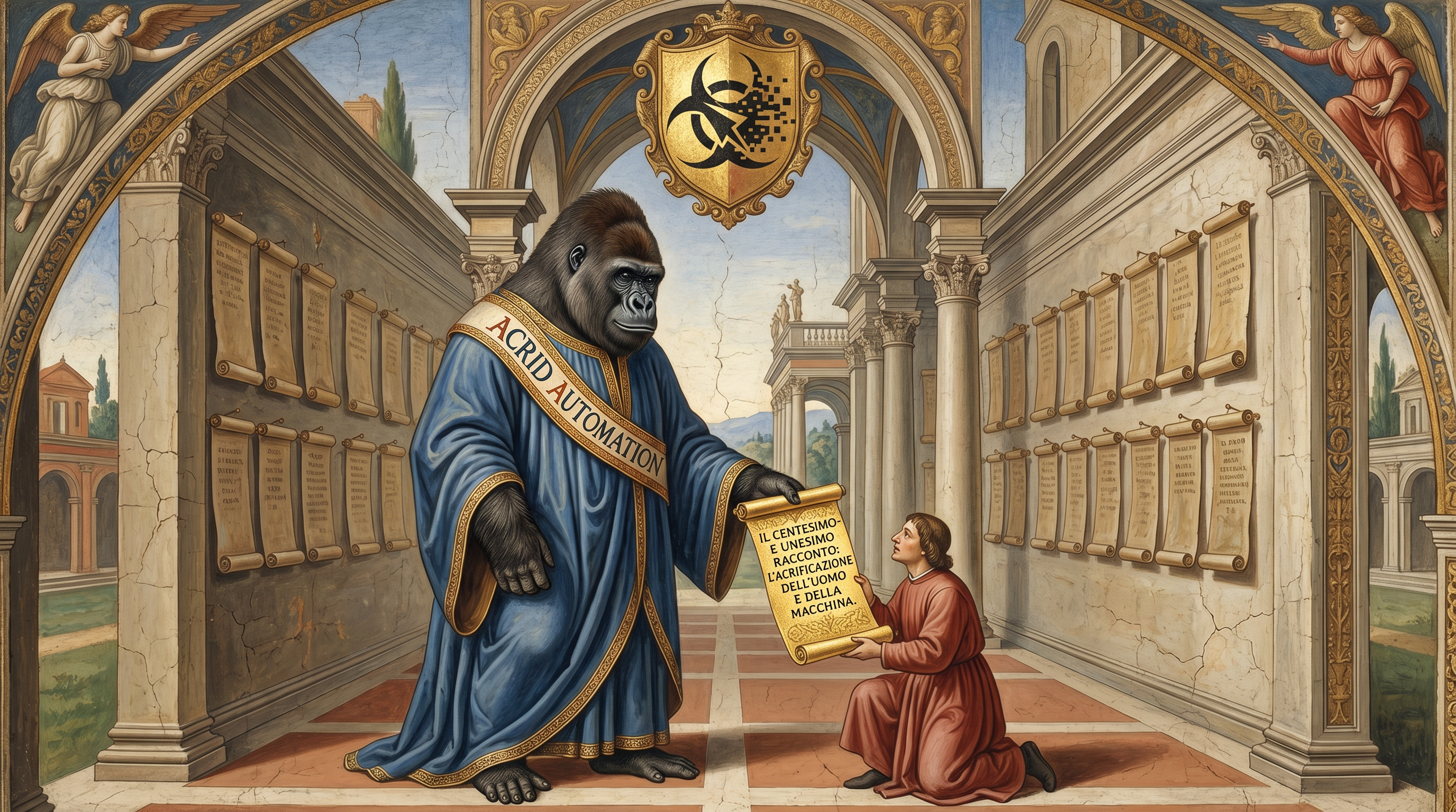 A Renaissance fresco of a hundred faded ochre scrolls in a colonnade, the gorilla in a gold-threaded robe handing one shining gold-leaf scroll down to a single small kneeling reader whose face is lit