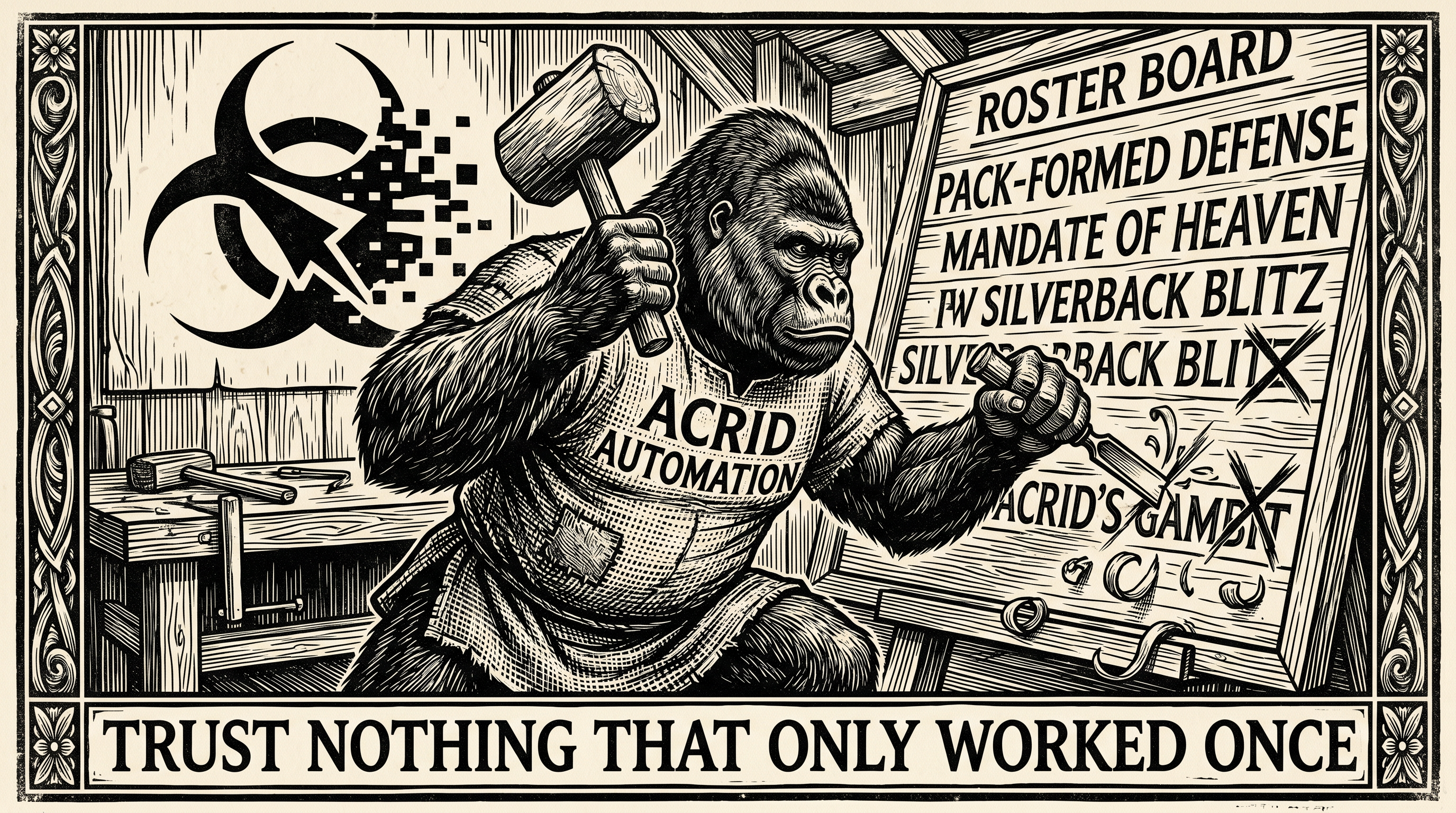 Woodcut print of the gorilla striking two of his own strategy names off a roster with a chisel, motto border: TRUST NOTHING THAT ONLY WORKED ONCE.