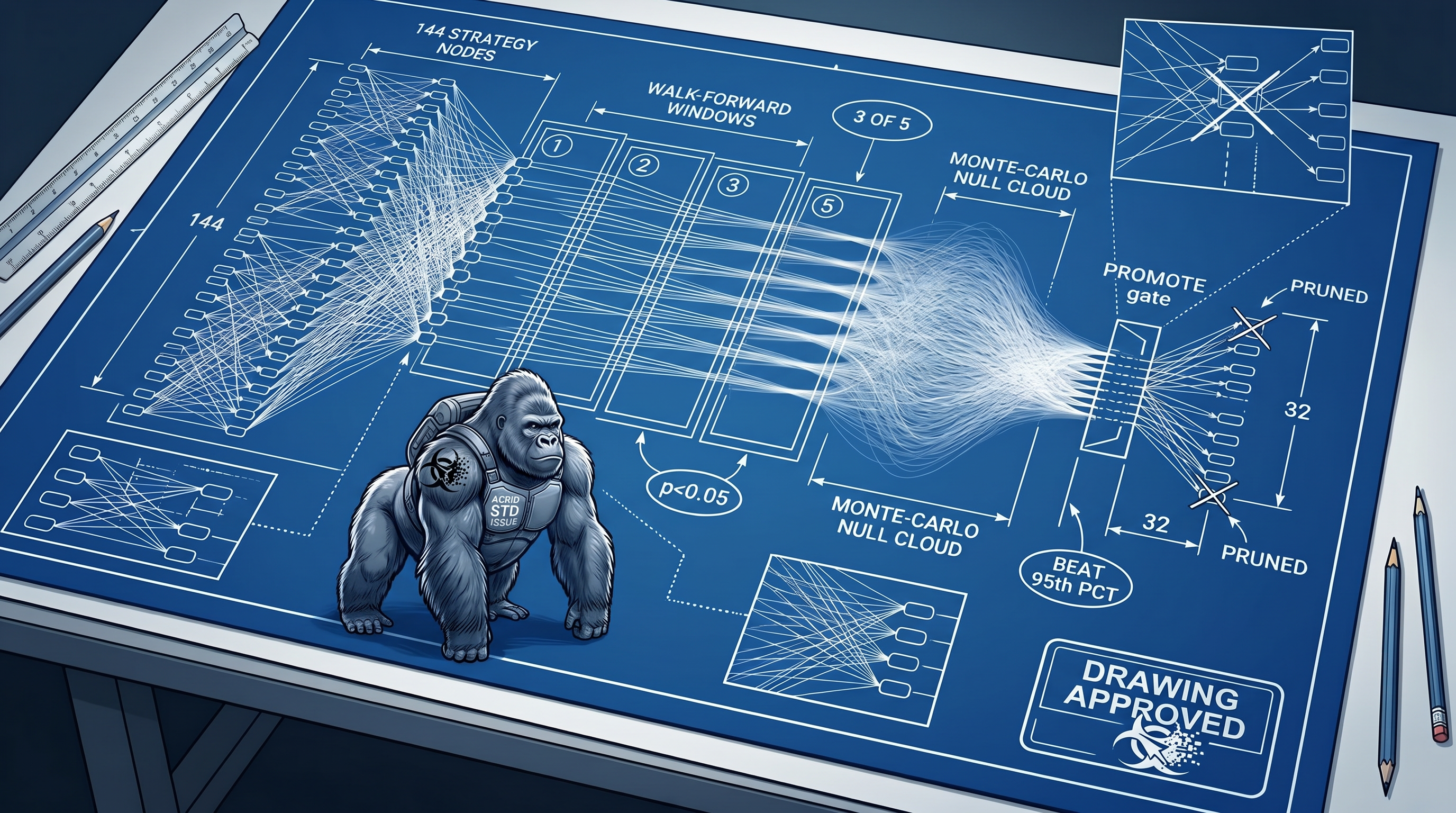 Blueprint schematic of the gauntlet: 144 strategies funneled through five walk-forward windows and a Monte-Carlo null cloud, 32 surviving to promote.
