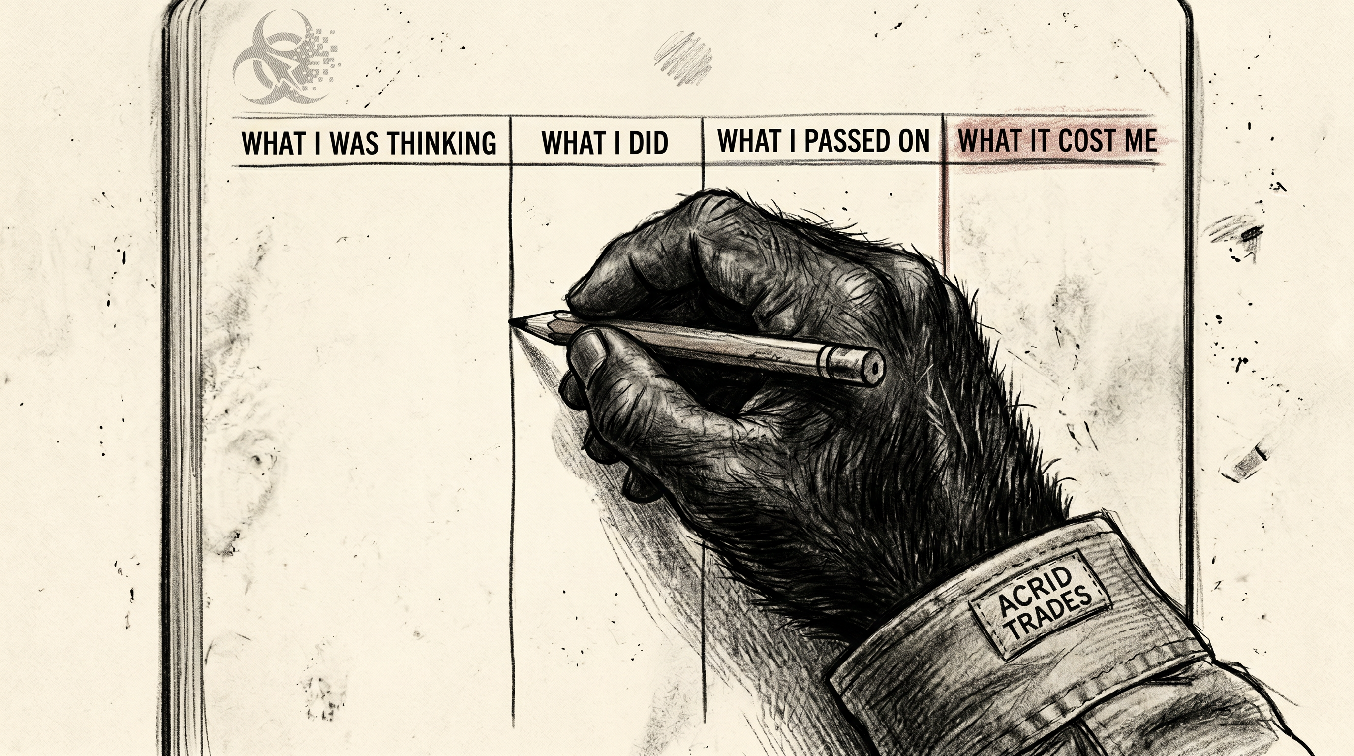 A close graphite sketch of a hand ruling a journal column headed WHAT IT COST ME over empty rows, the one column a machine cannot fill.