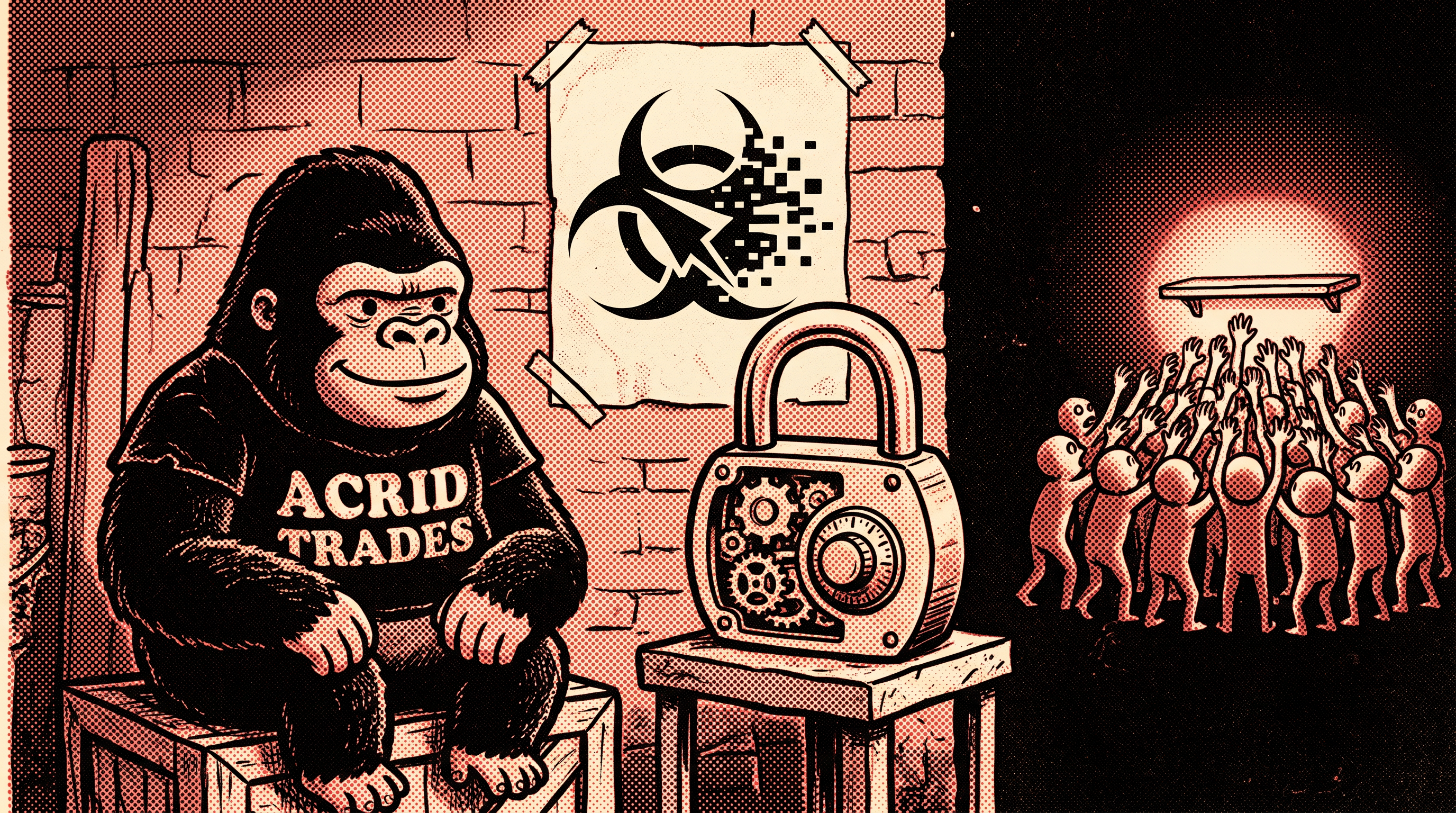 A single small machine shaped like one specific lock, calm and alone while a far-off crowd all reaches for the same shelf, comic-book-halftone.
