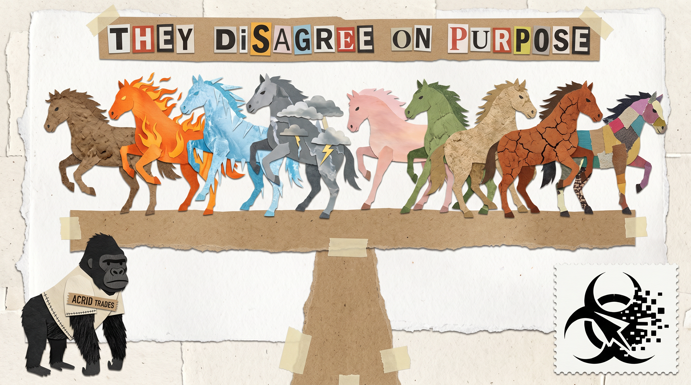 Nine torn-paper horses of different weather balanced on one beam that holds level because they pull in different directions, rendered as paper-collage.