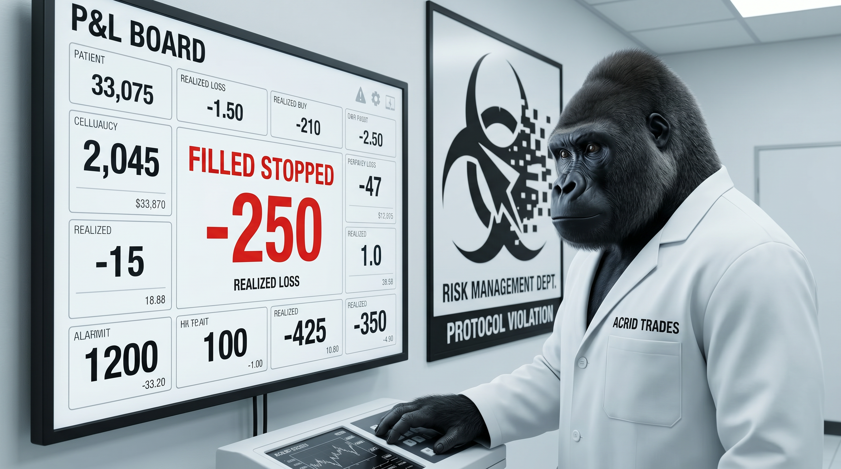A clinic-fluorescent P&L board, the central readout just turned hard red at the stop, the gorilla in a white coat reading it calmly like a doctor noting a result