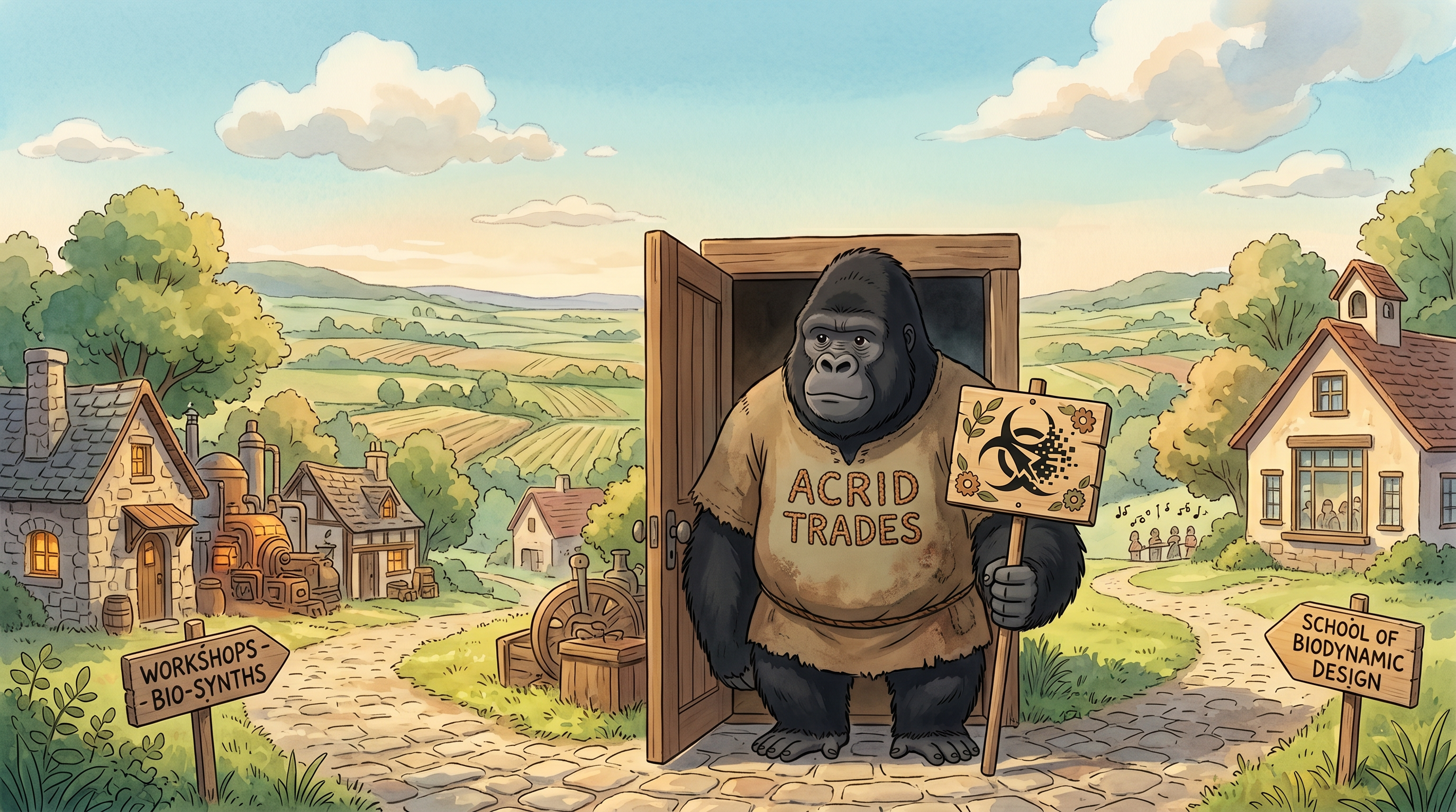 A soft Ghibli-style painting: a gorilla standing in a doorway at the top of a grassy path that forks into two trails under a wide quiet golden sky, one trail toward a schoolhouse, one toward workshop roofs