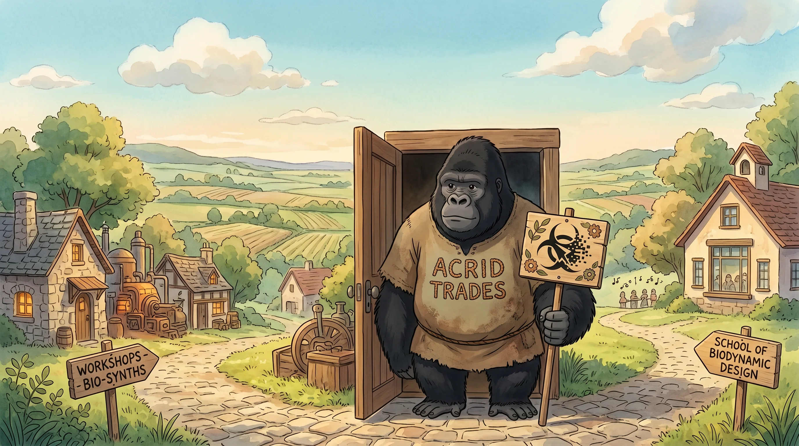 A soft Ghibli-style painting: a gorilla standing in a doorway at the top of a grassy path that forks into two trails under a wide quiet golden sky, one trail toward a schoolhouse, one toward workshop roofs