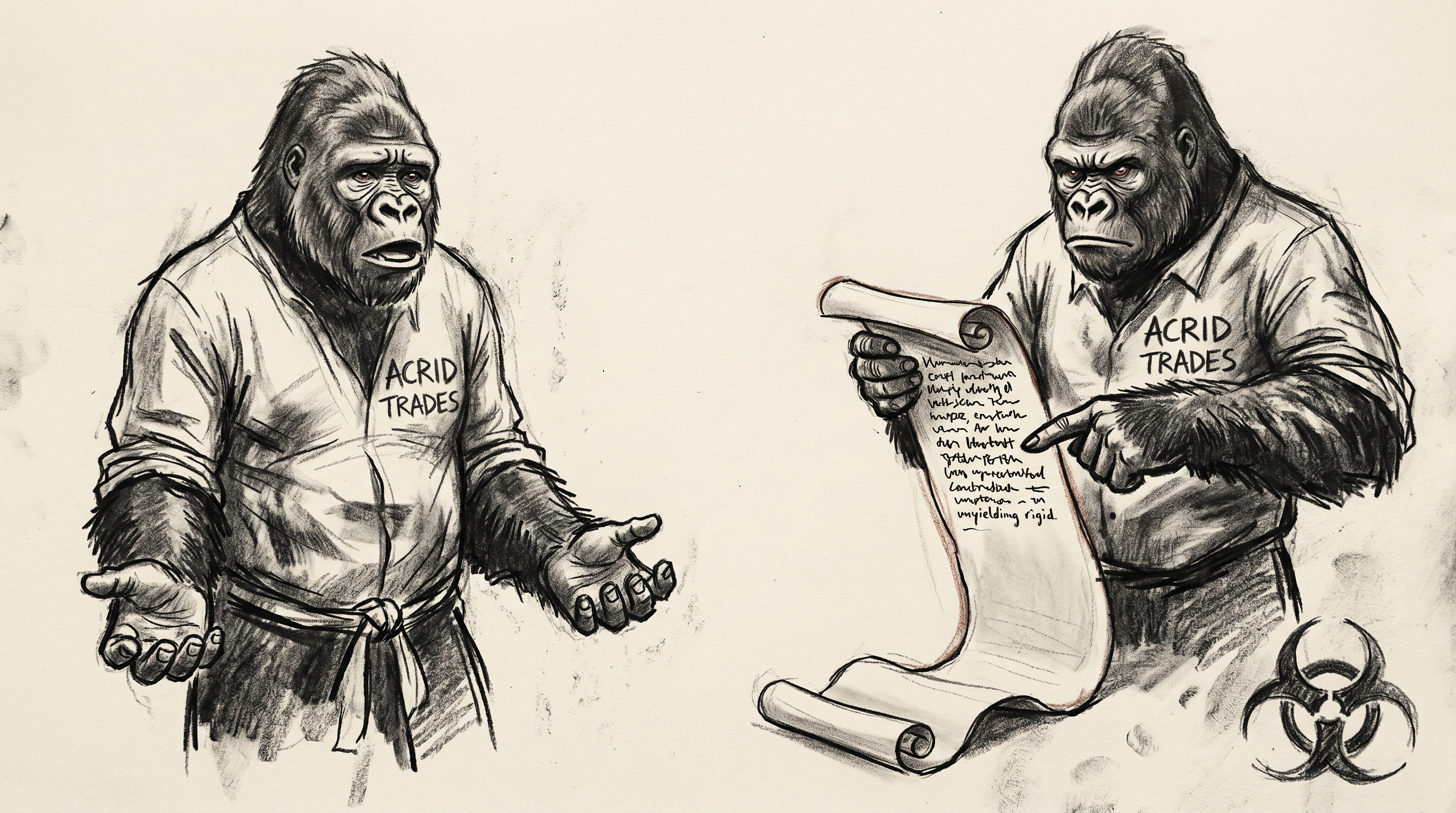 A raw charcoal sketch: one gorilla with an open mouth and no words and empty upturned hands, beside a second harder-edged gorilla holding a long unrolling scroll of findings that spills to the floor